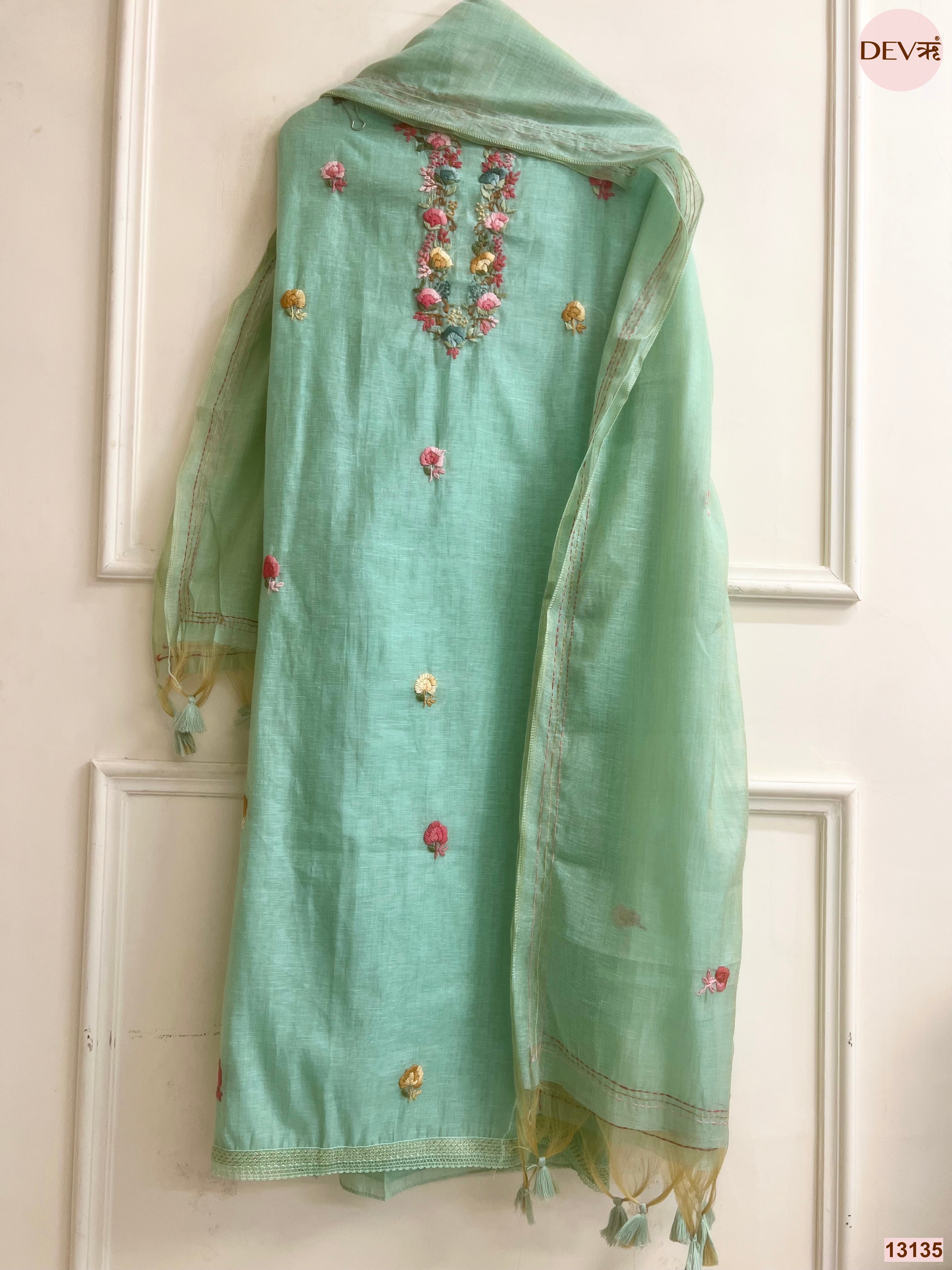 Mint Jamdani Cotton Embroidered Unstitched 3-Piece Suit (Devri – D.No 13135)