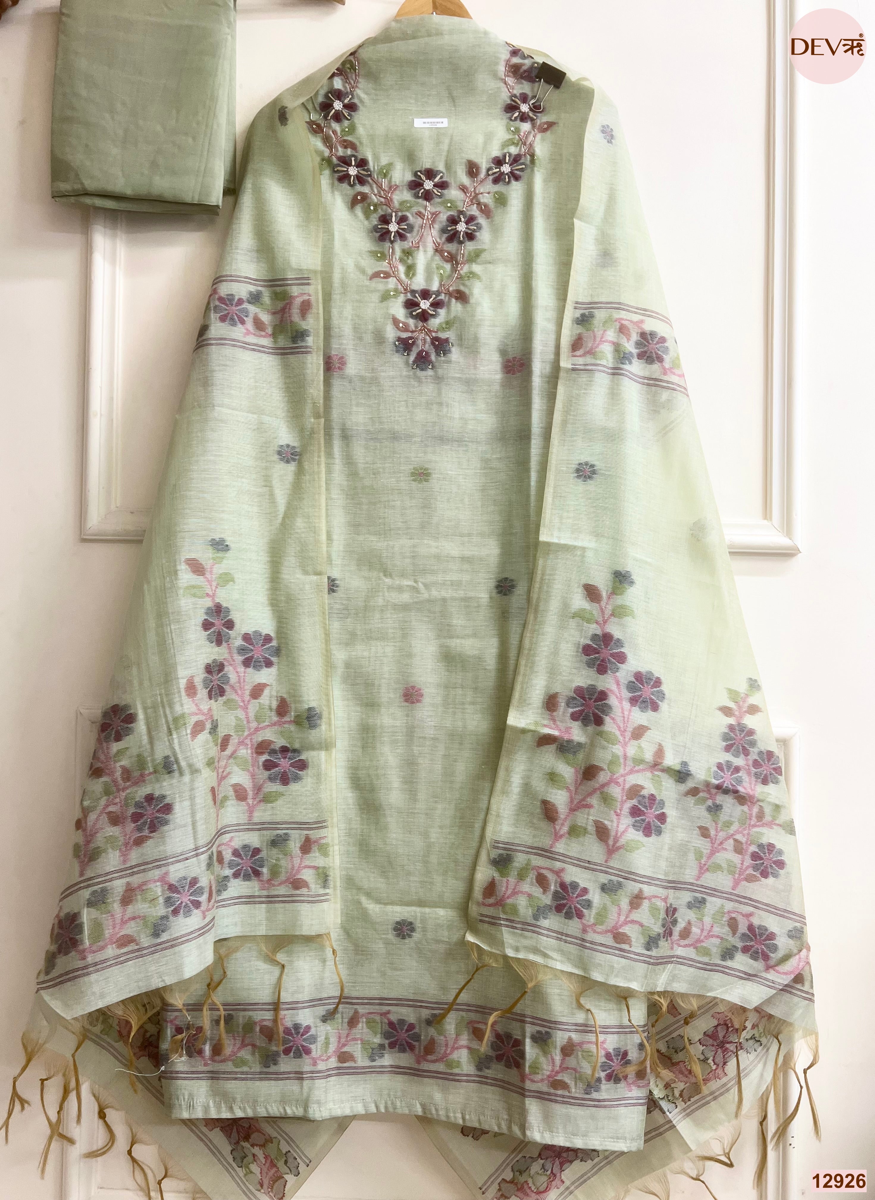 Green Jamdani Cotton Printed Unstitched 3-Piece Suit (Devri – D.No 12926)
