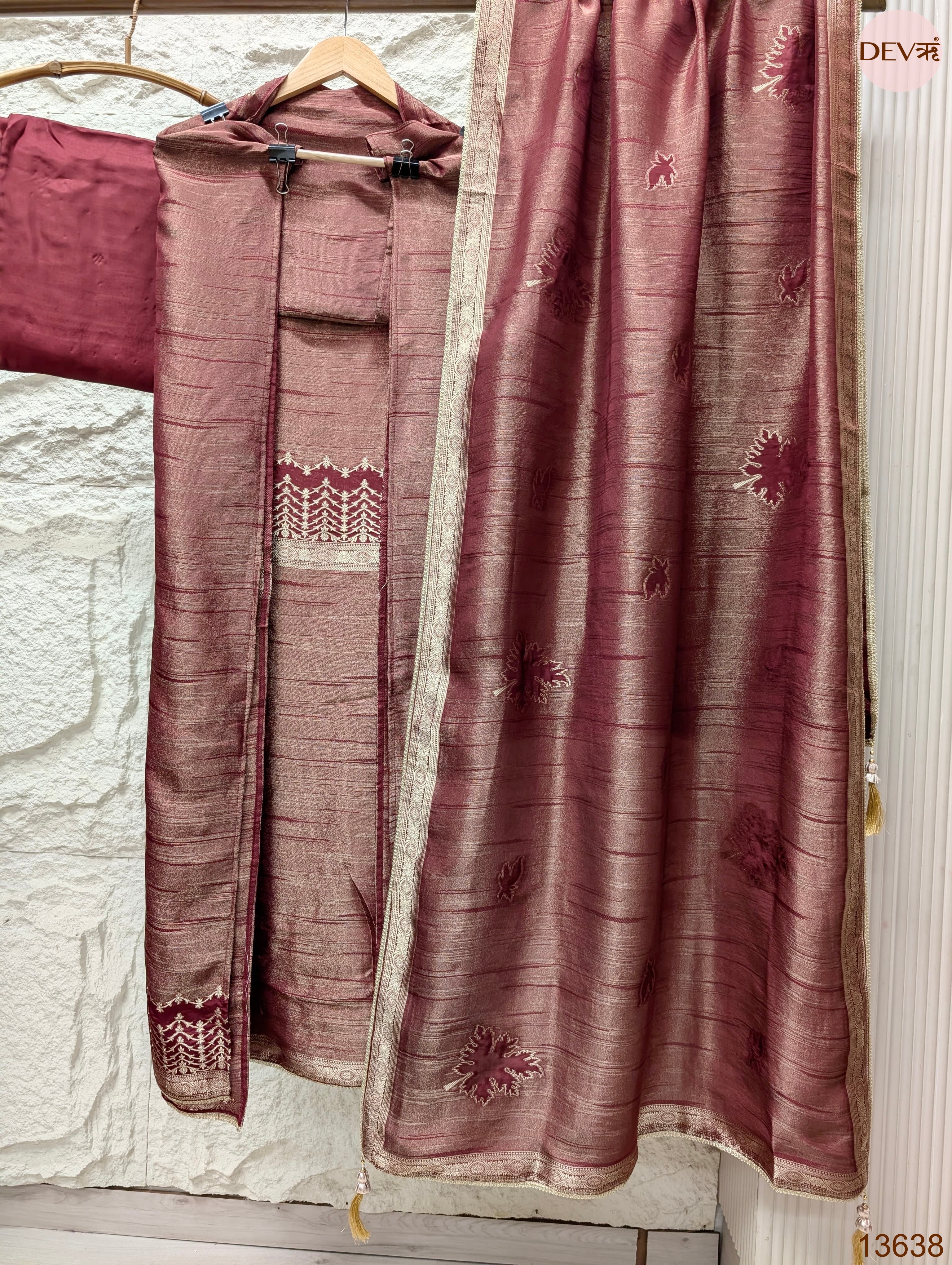 Wine Pure Girafe Banarasi Silk Embroidered Unstitched 3-Piece Suit (Devri – D.No 13638)