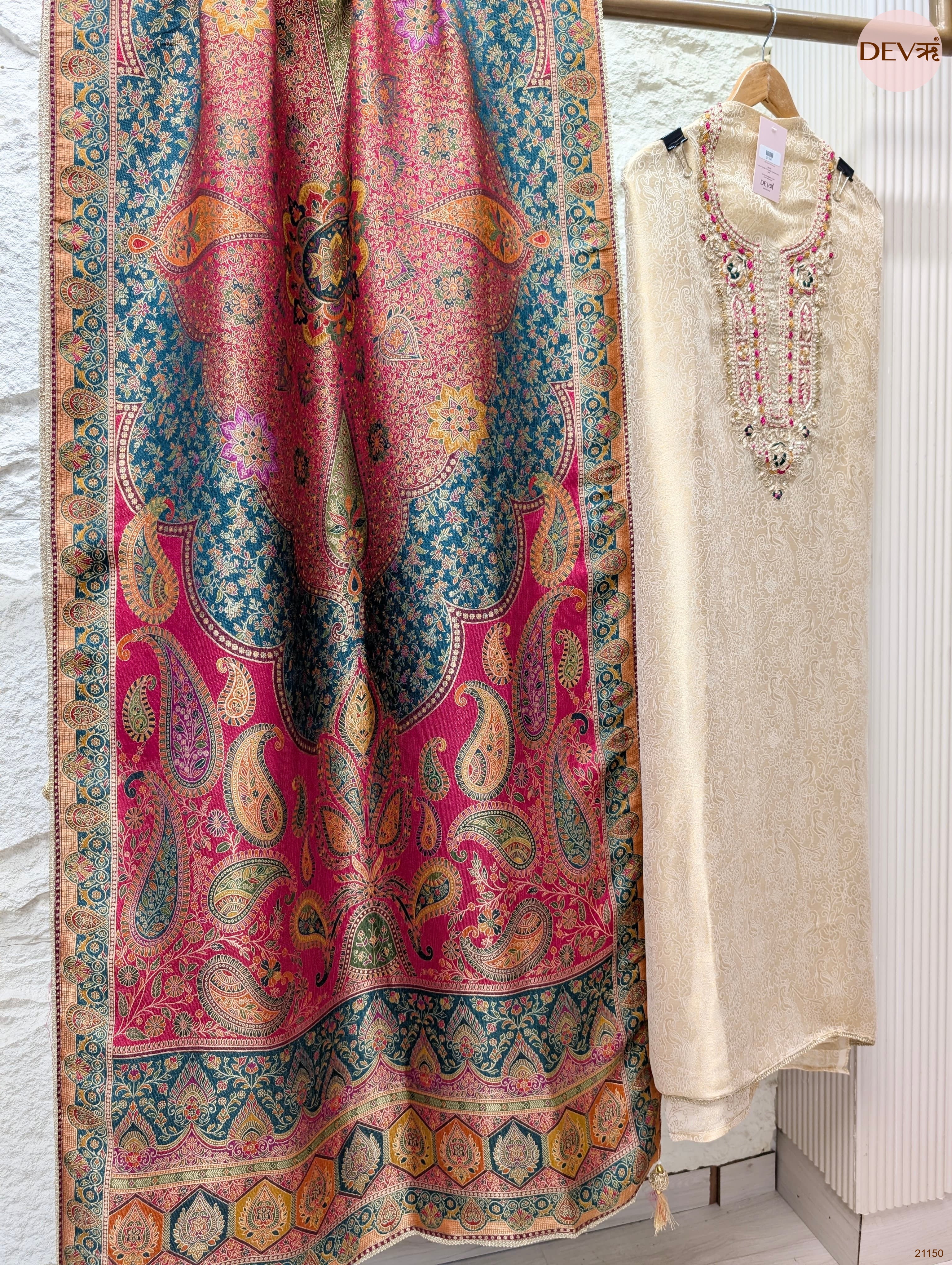Cream Pure Banarasi Woven Silk Embroidered Unstitched 3-Piece Suit (Devri – D.No 21150)