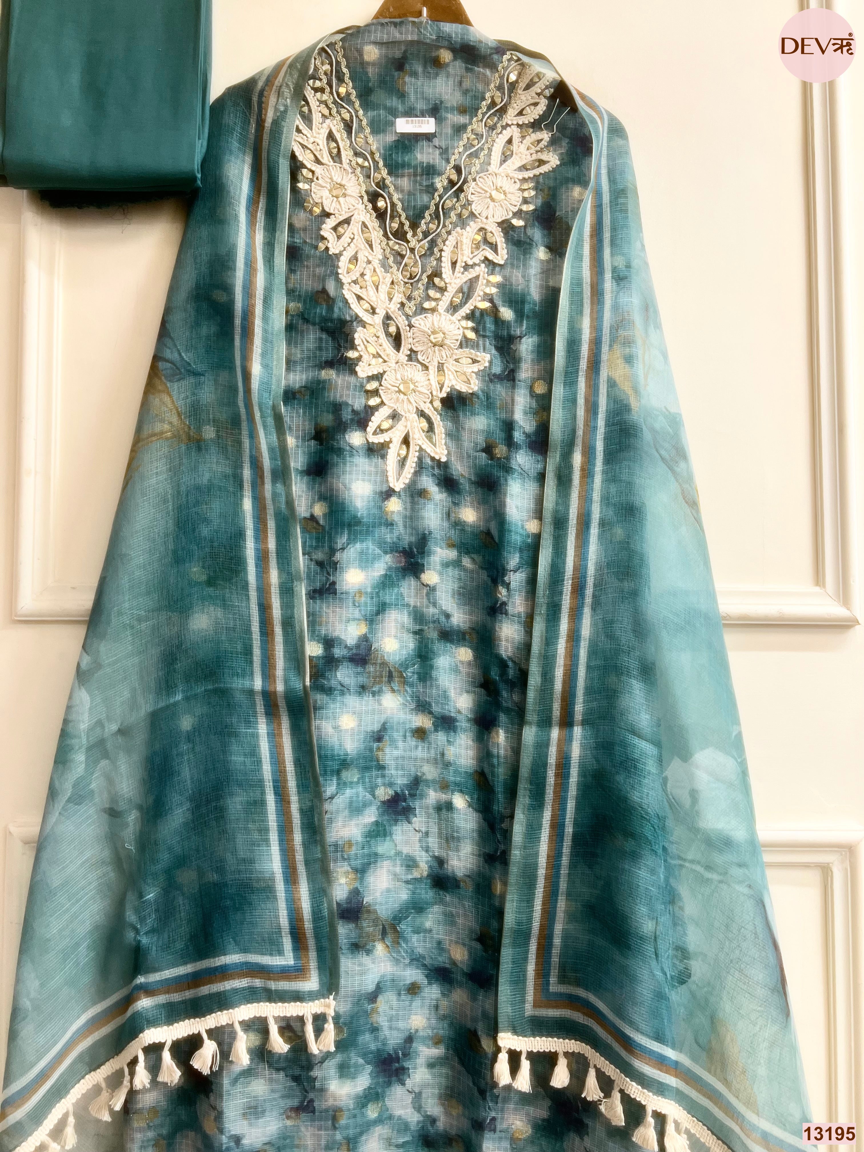 Teal Kota Zari Embroidered Unstitched 3-Piece Suit (Devri – D.No 13195)