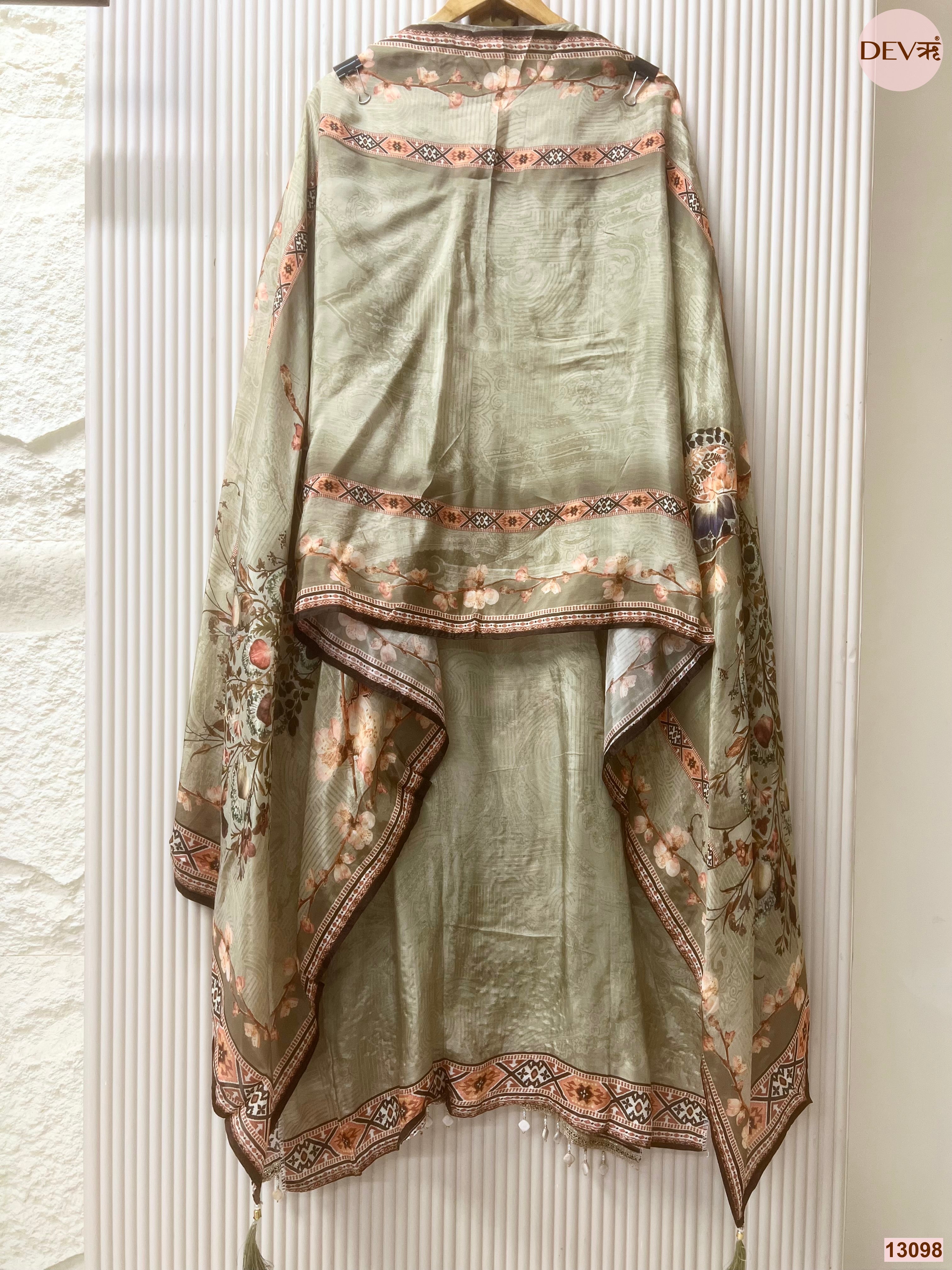 Green Tissue Organza Printed Unstitched 3-Piece Suit (Devri – D.No 13098)