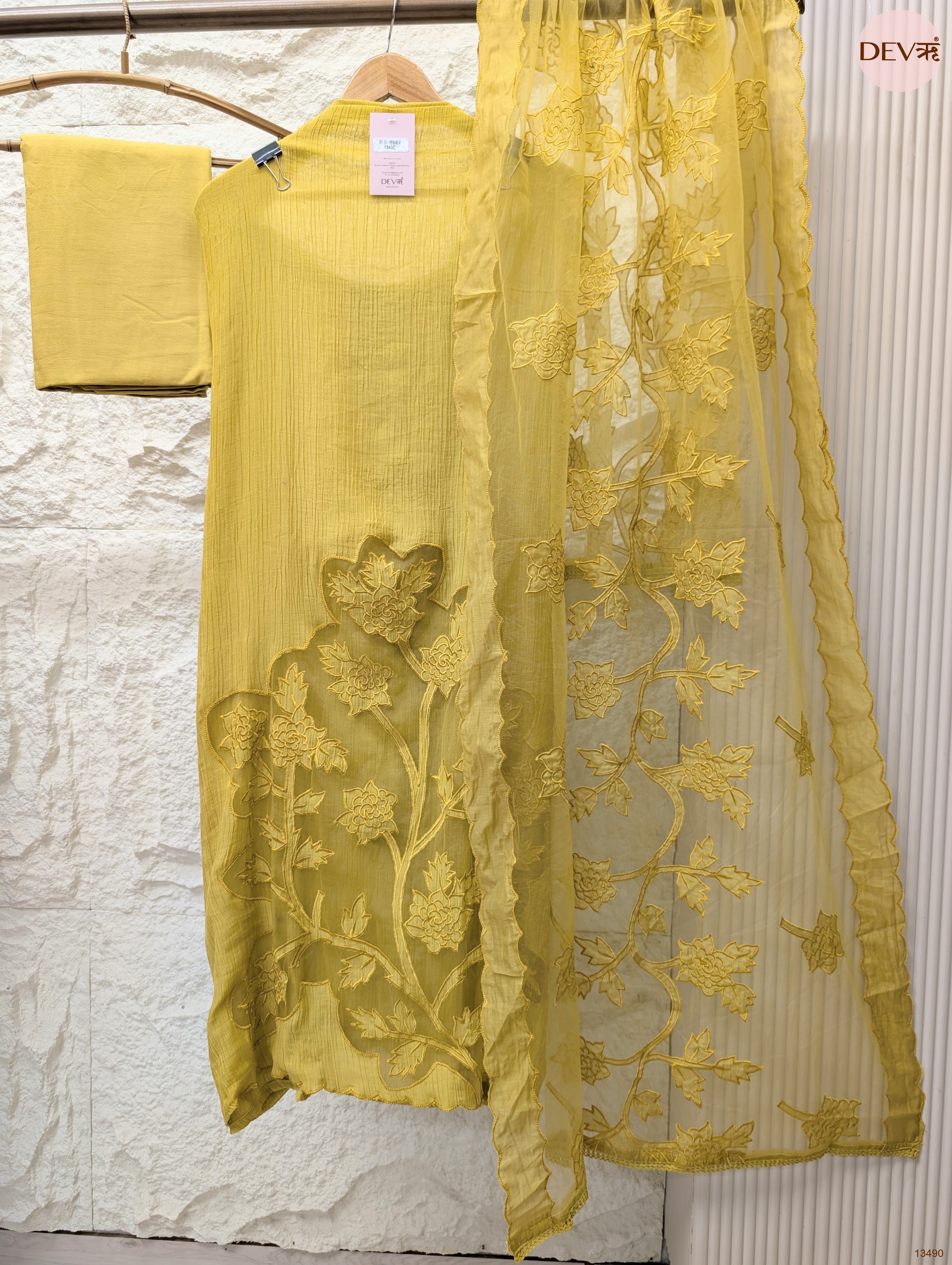 Mustard Mul Crush Embroidered Unstitched 3-Piece Suit (Devri – D.No 13490)