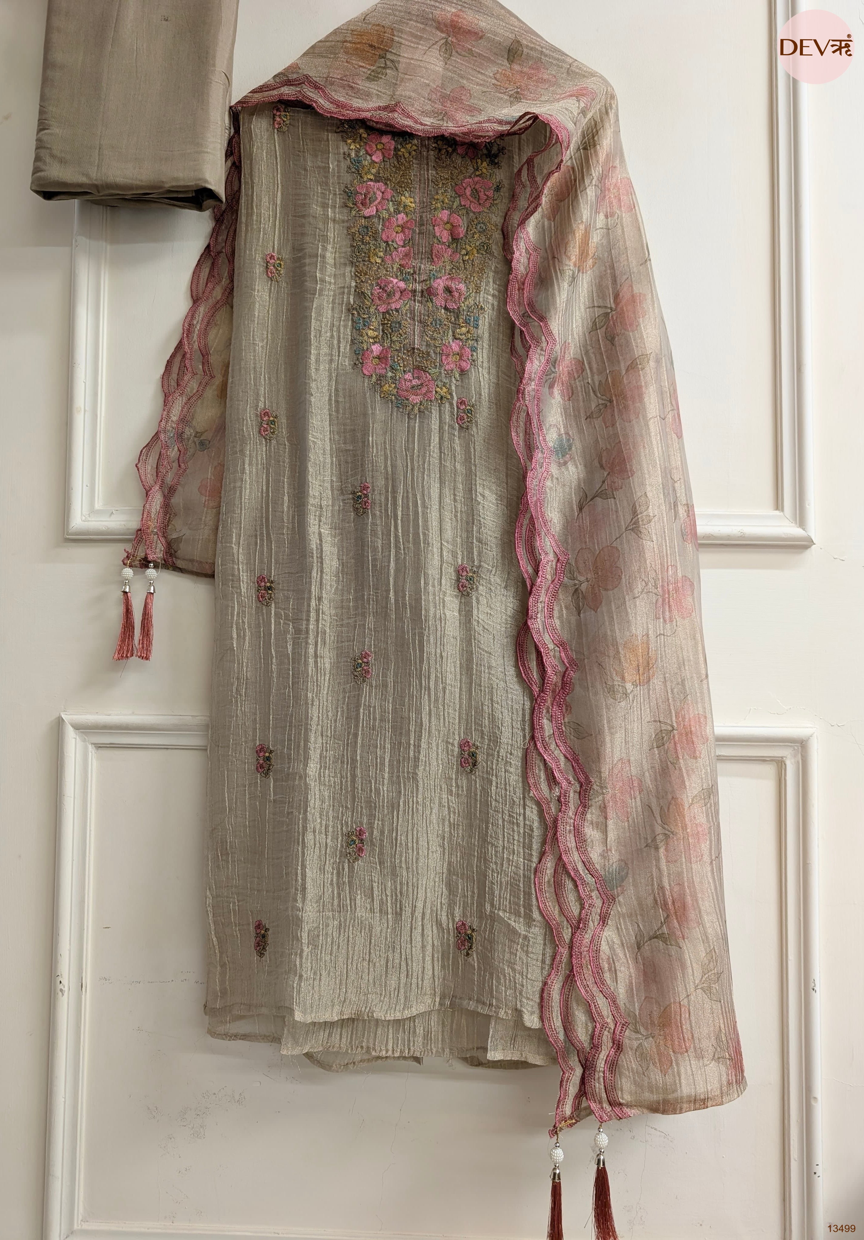 Beige Tissue Crush Silk Embroidered Unstitched 3-Piece Suit (Devri – D.No 13499)