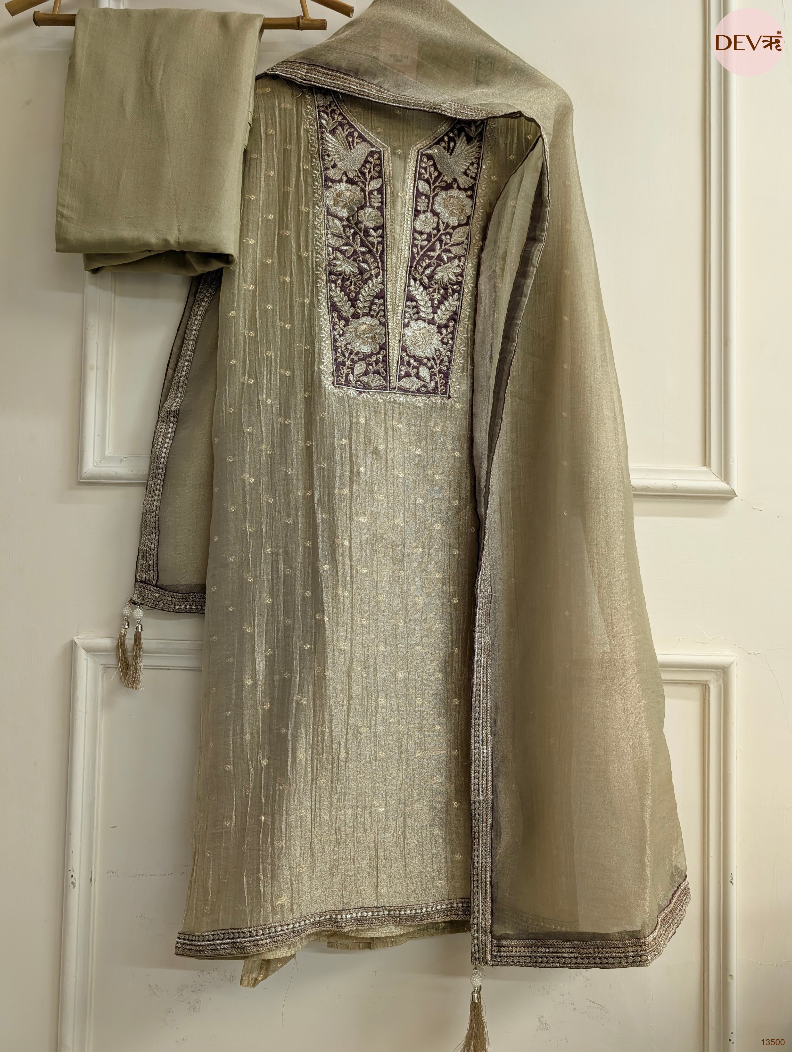Olive Tissue Silk Embroidered Unstitched 3-Piece Suit (Devri – D.No 13500)