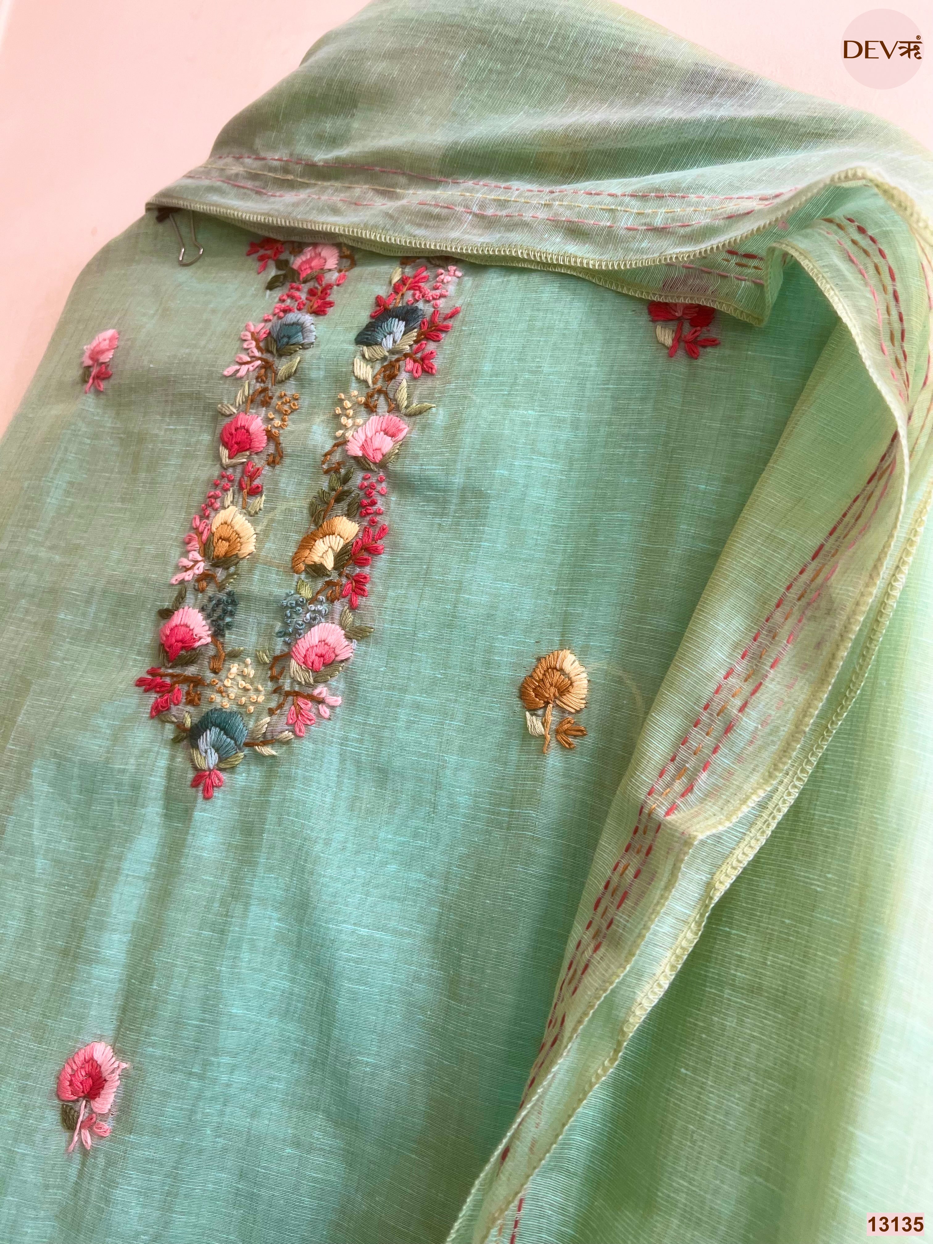 Mint Jamdani Cotton Embroidered Unstitched 3-Piece Suit (Devri – D.No 13135)