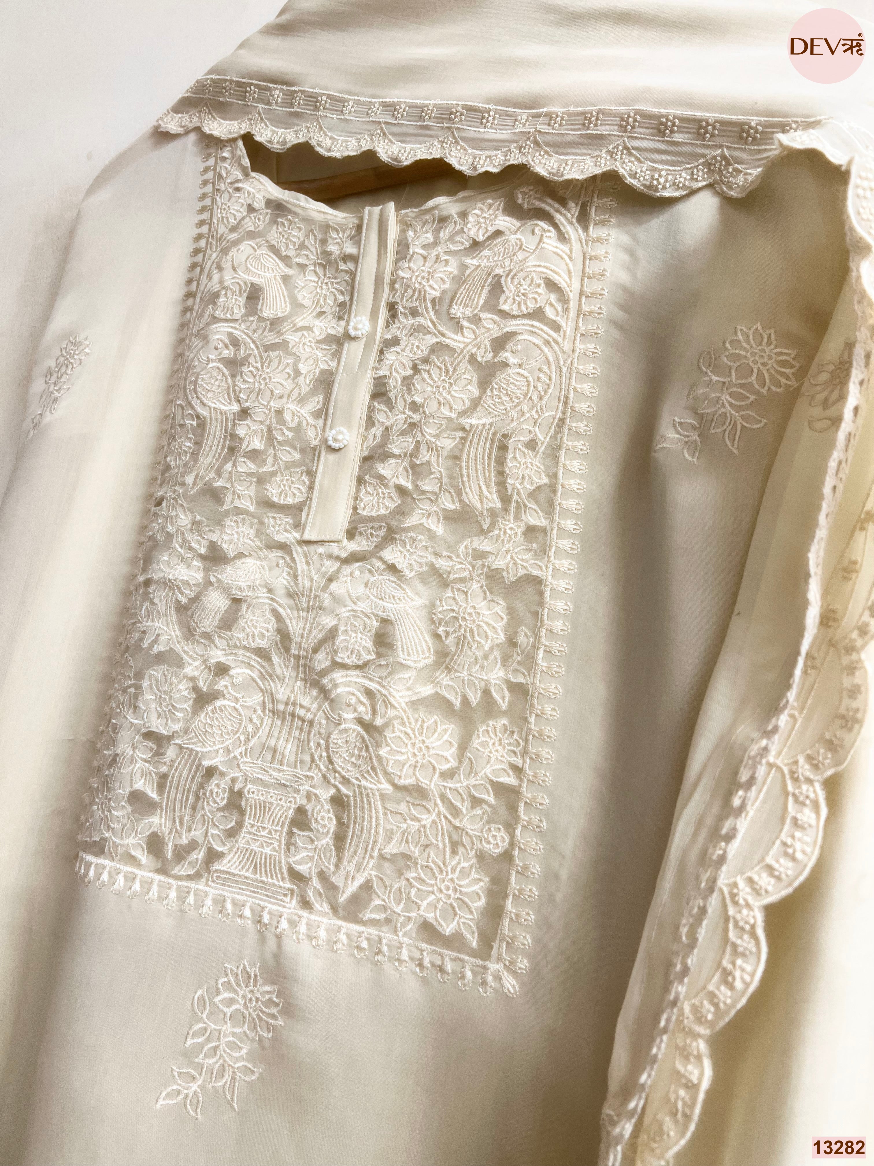 Cream Mul Cotton Embroidered Unstitched 3-Piece Suit (Devri – D.No 13282)