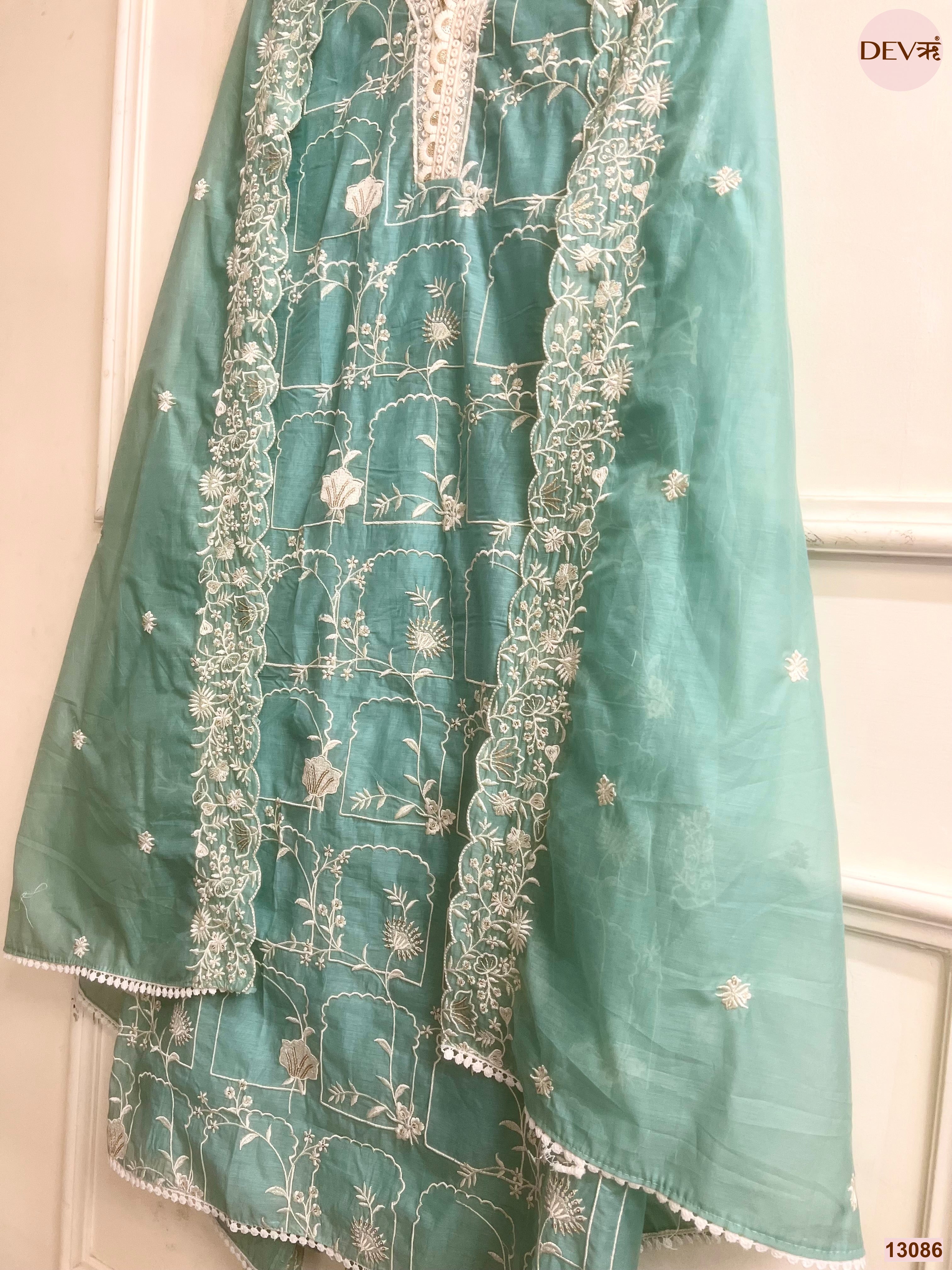 Aqua Mul Chanderi Embroidered Unstitched 3-Piece Suit (Devri – D.No 13086)