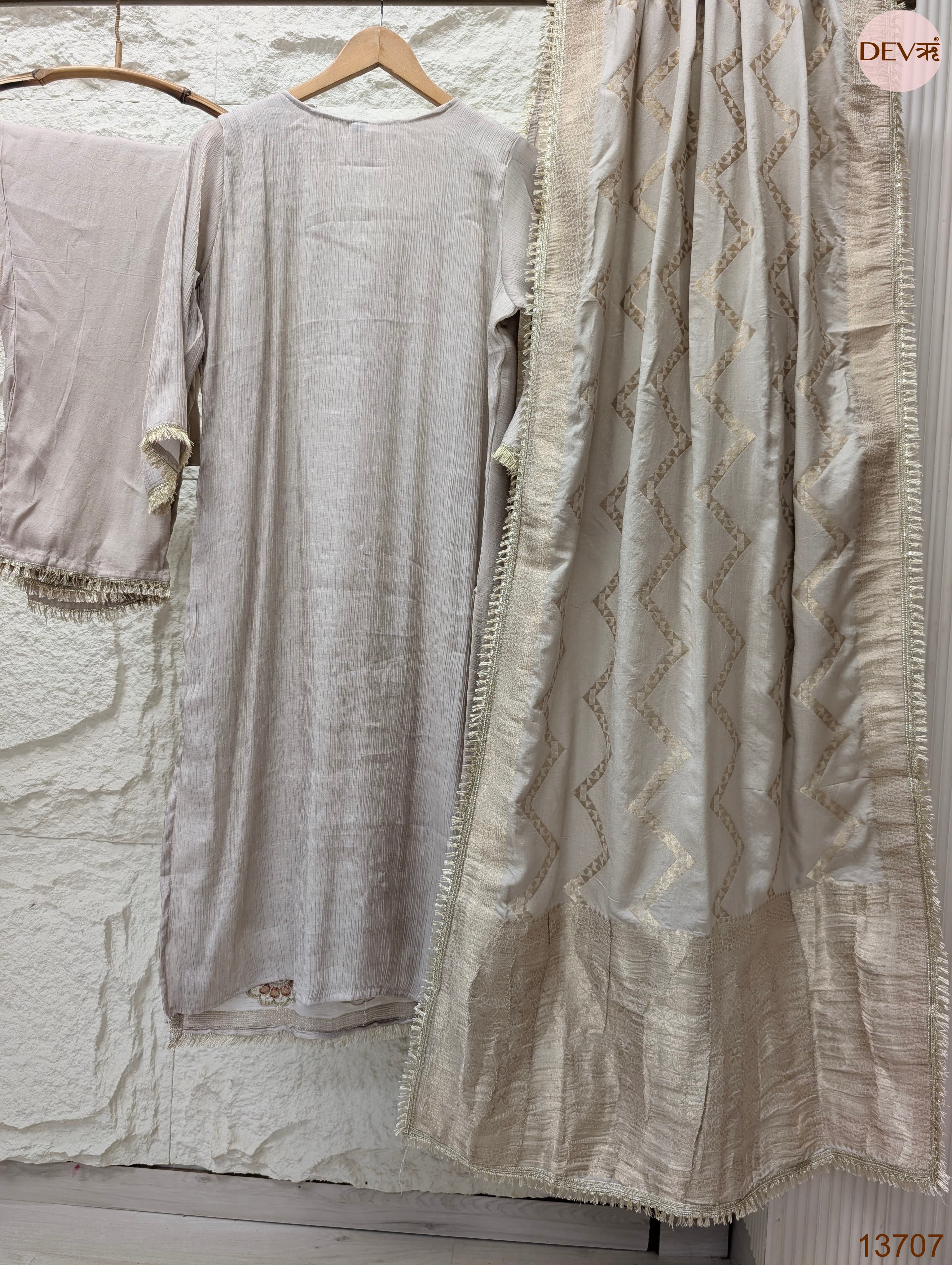 Gulnaar Tissue silk blend Embroidered Beige 3-Piece Set (Devri – D.No 13707)