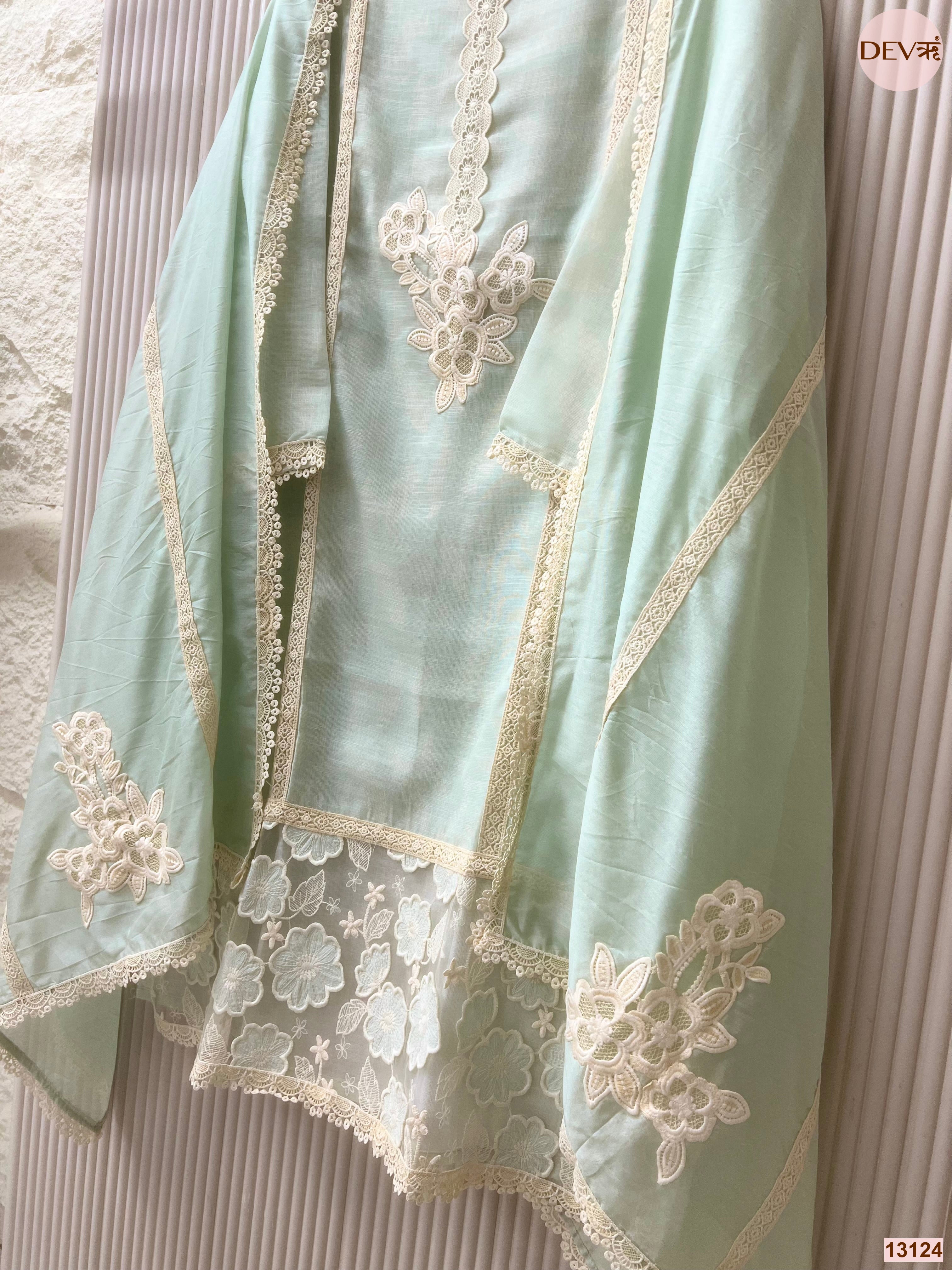 Mint Linen Cotton Embroidered Unstitched 3-Piece Suit (Devri – D.No 13124)