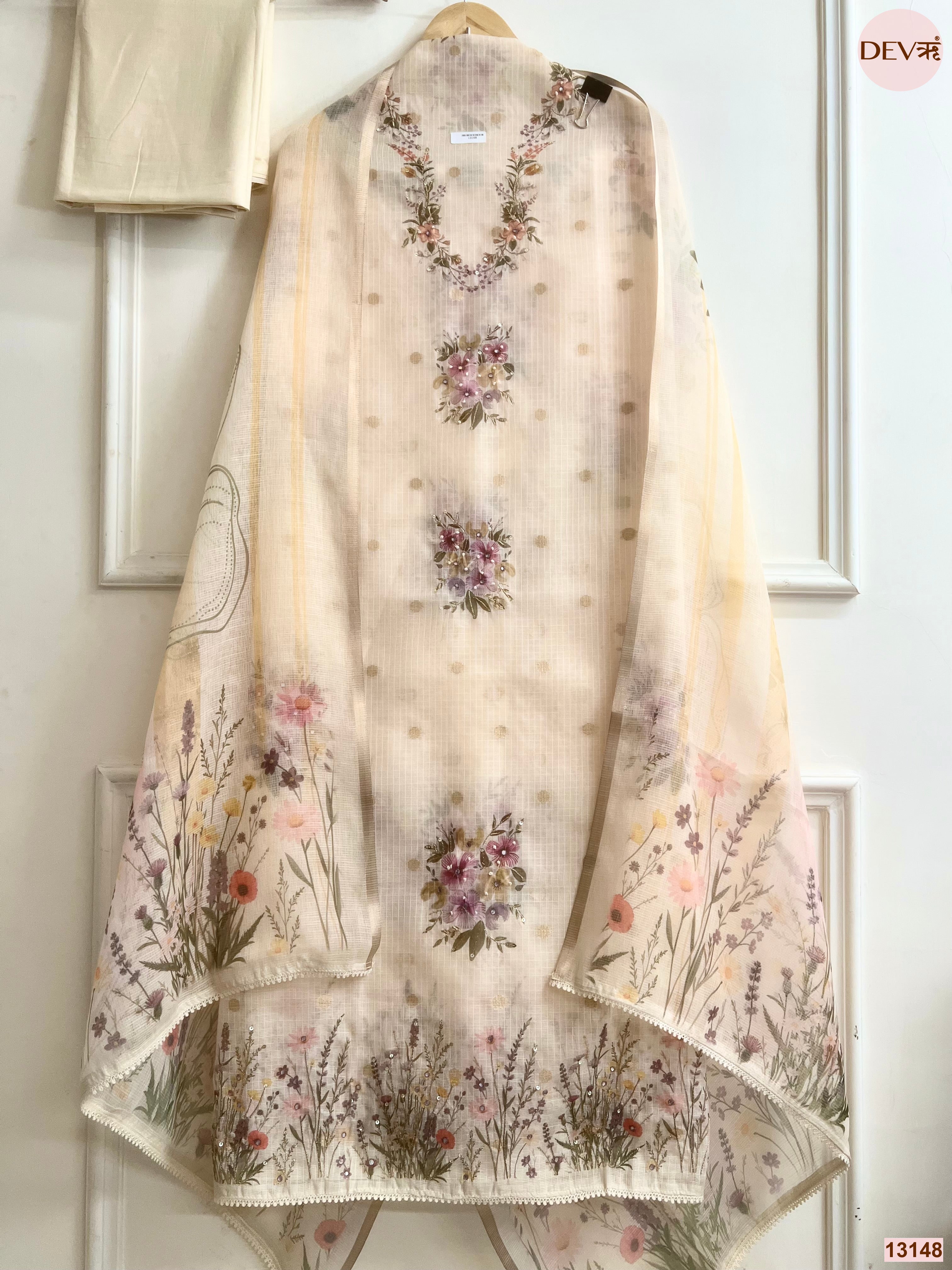 Cream Kota Printed Unstitched 3-Piece Suit (Devri – D.No 13148)