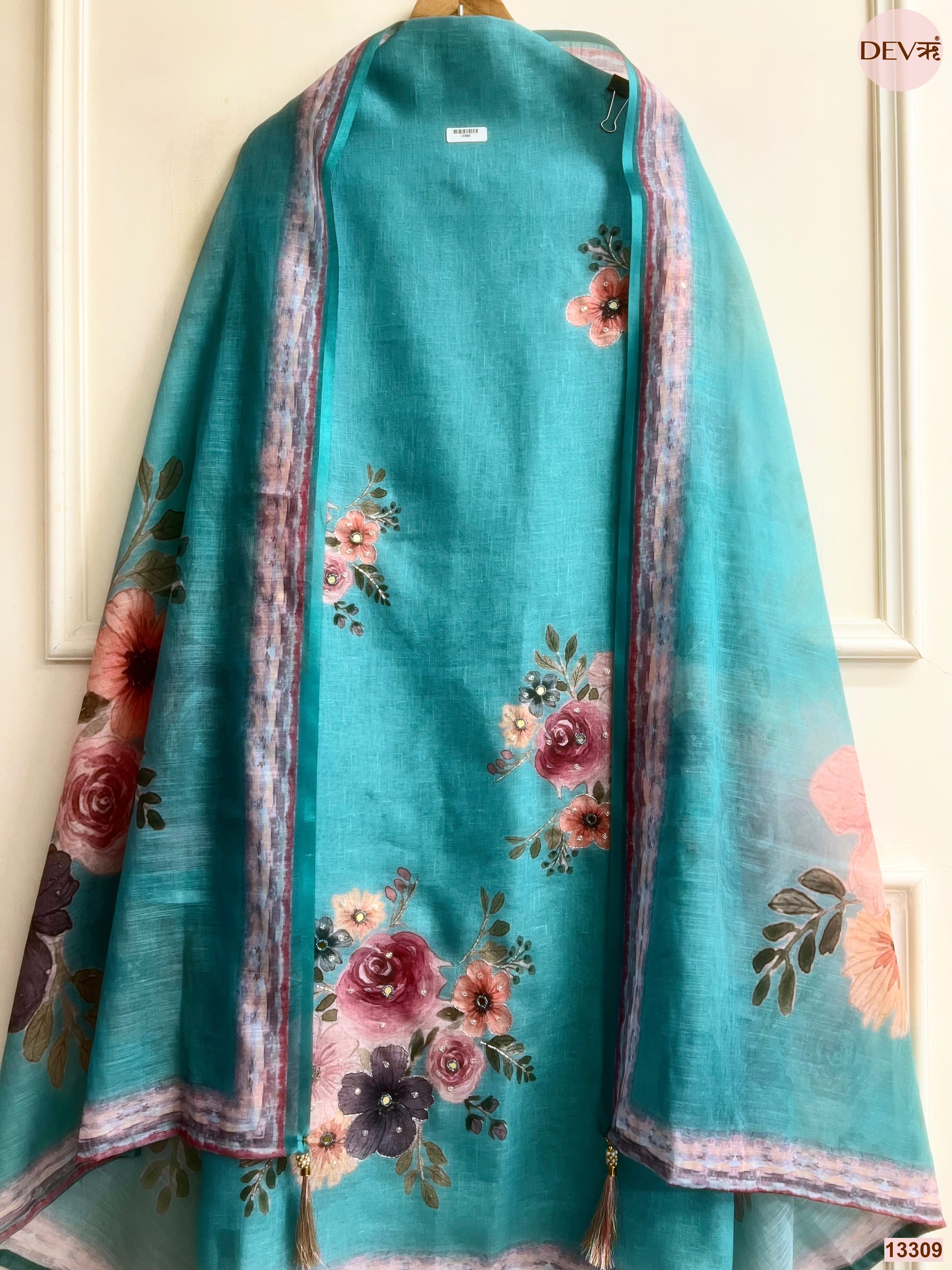 Teal Linen Cotton Printed Unstitched 3-Piece Suit (Devri – D.No 13309)