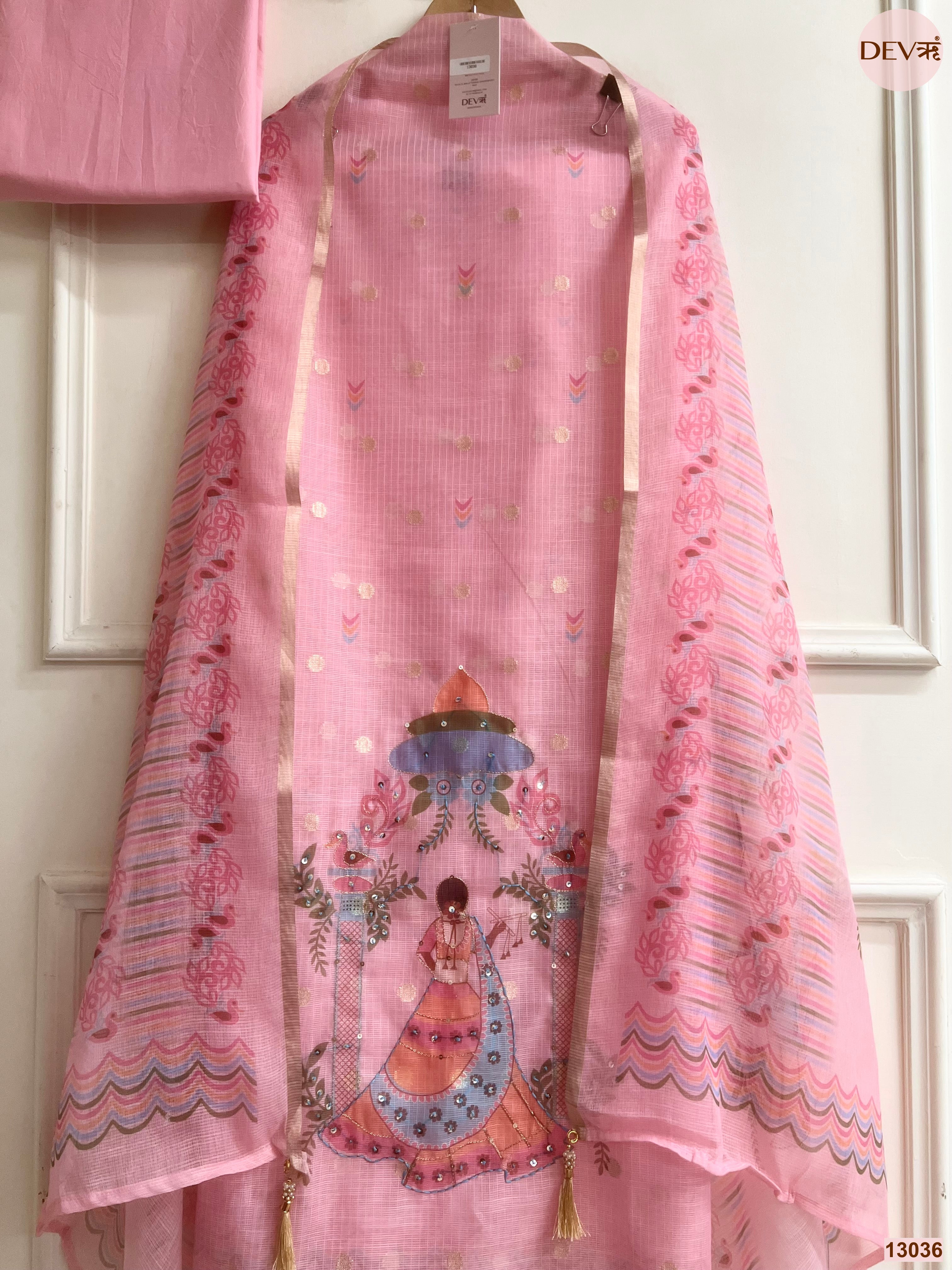 Pink Kota Zari Printed Unstitched 3-Piece Suit (Devri – D.No 13036)