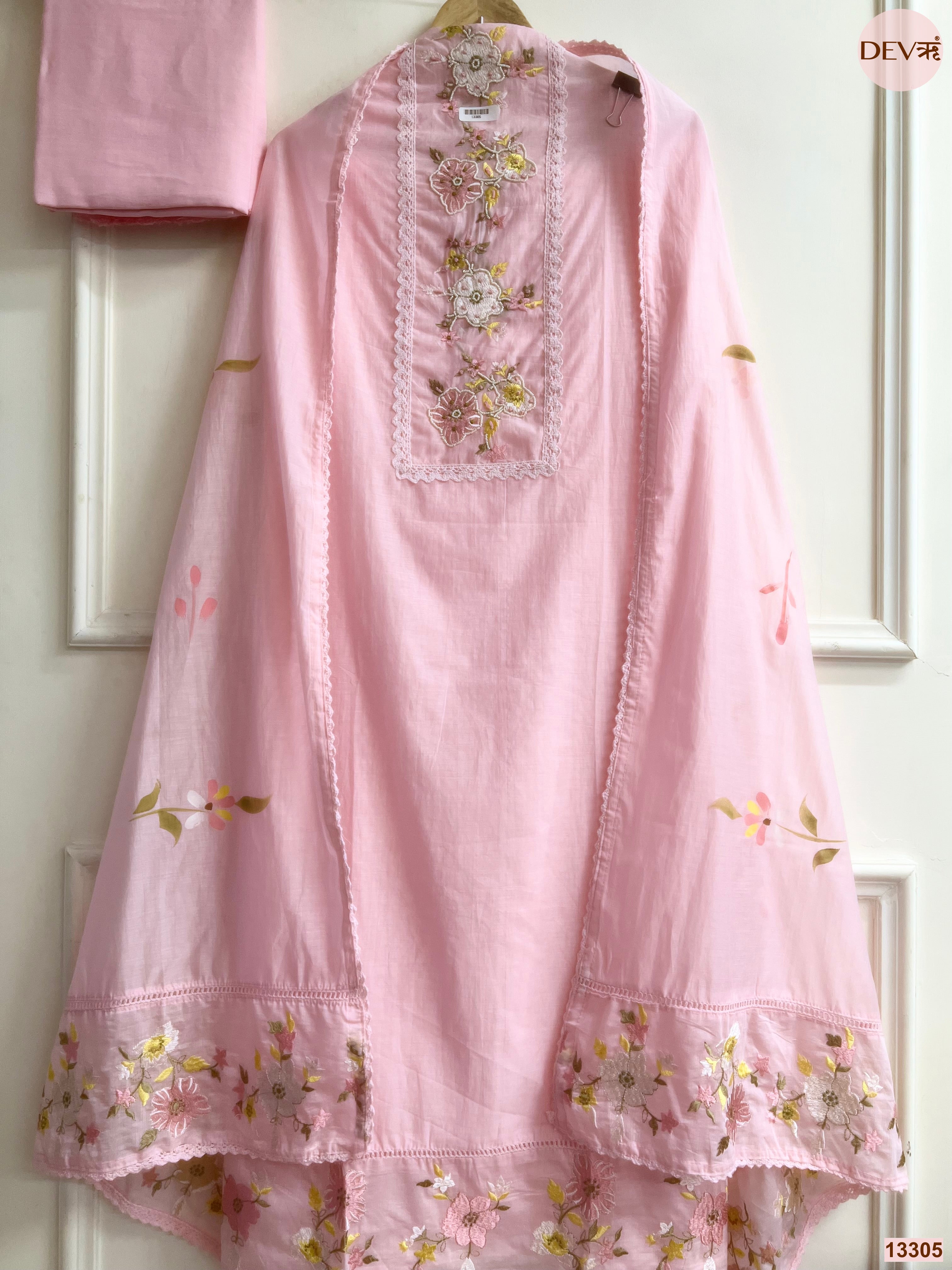 Pink Mul Cotton Embroidered Unstitched 3-Piece Suit (Devri – D.No 13305)