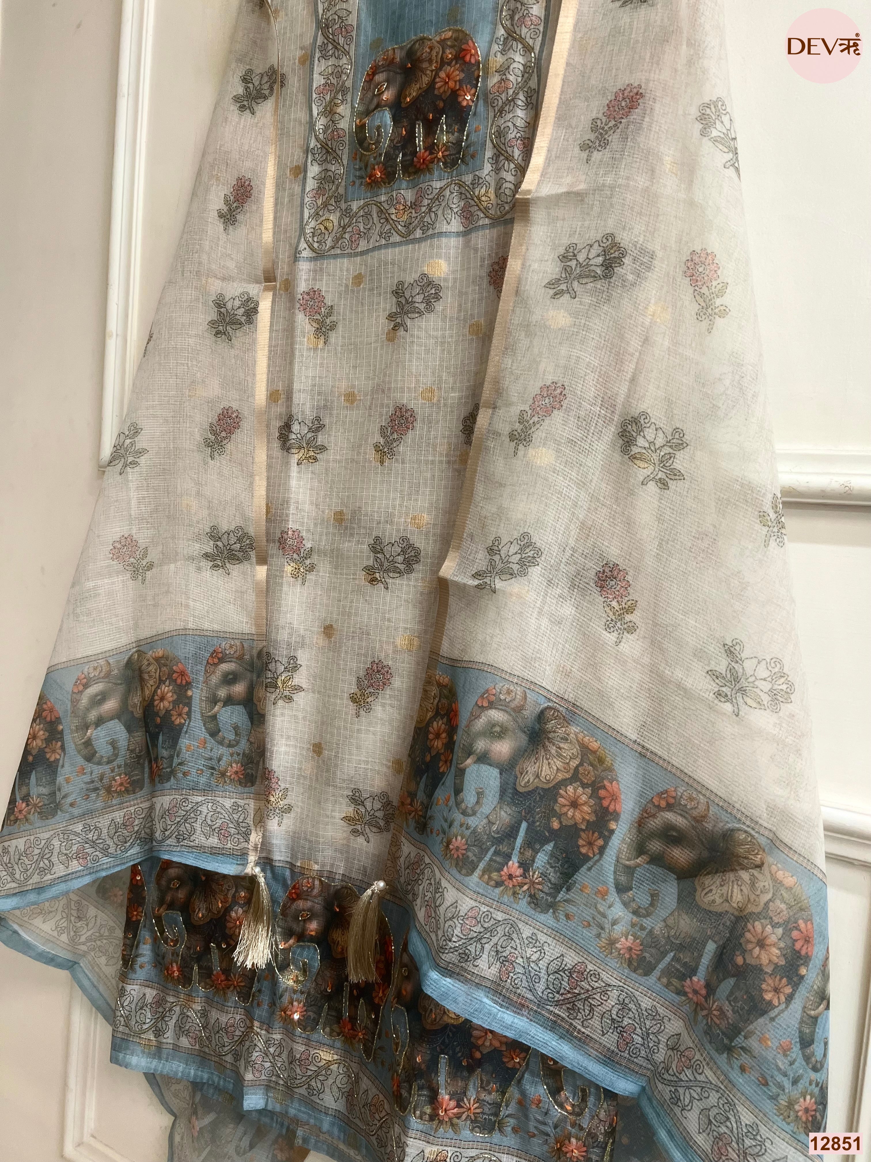 Blue Linen Cotton Printed Unstitched 3-Piece Suit (Devri – D.No 12851)