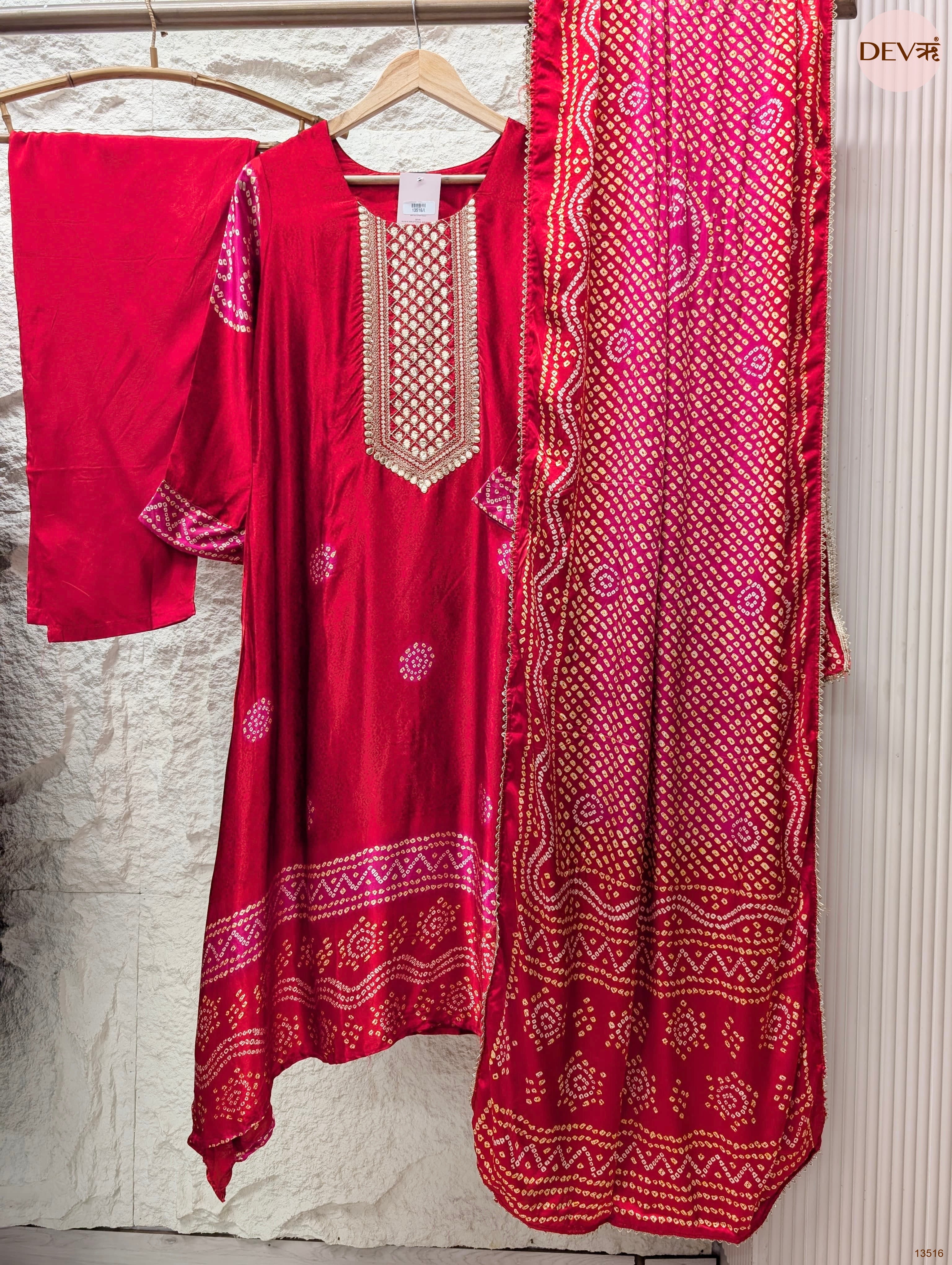 Gulnaar Gajji silk Embroidered Magenta 3-Piece Set (Devri – D.No 13516)