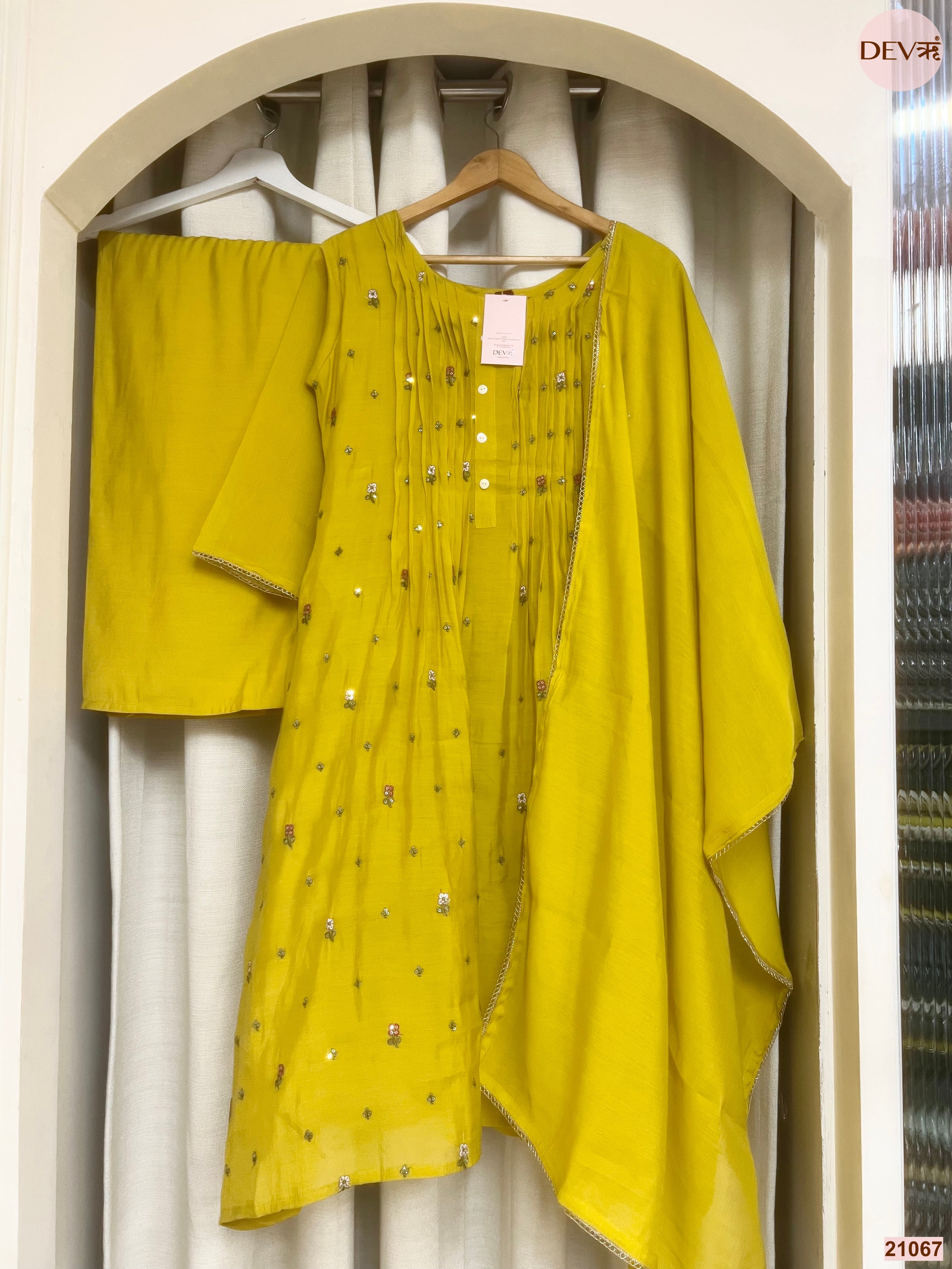 Gulnaar Mul Chanderi Embroidered Yellow 3-Piece Set (Devri – D.No 21067)