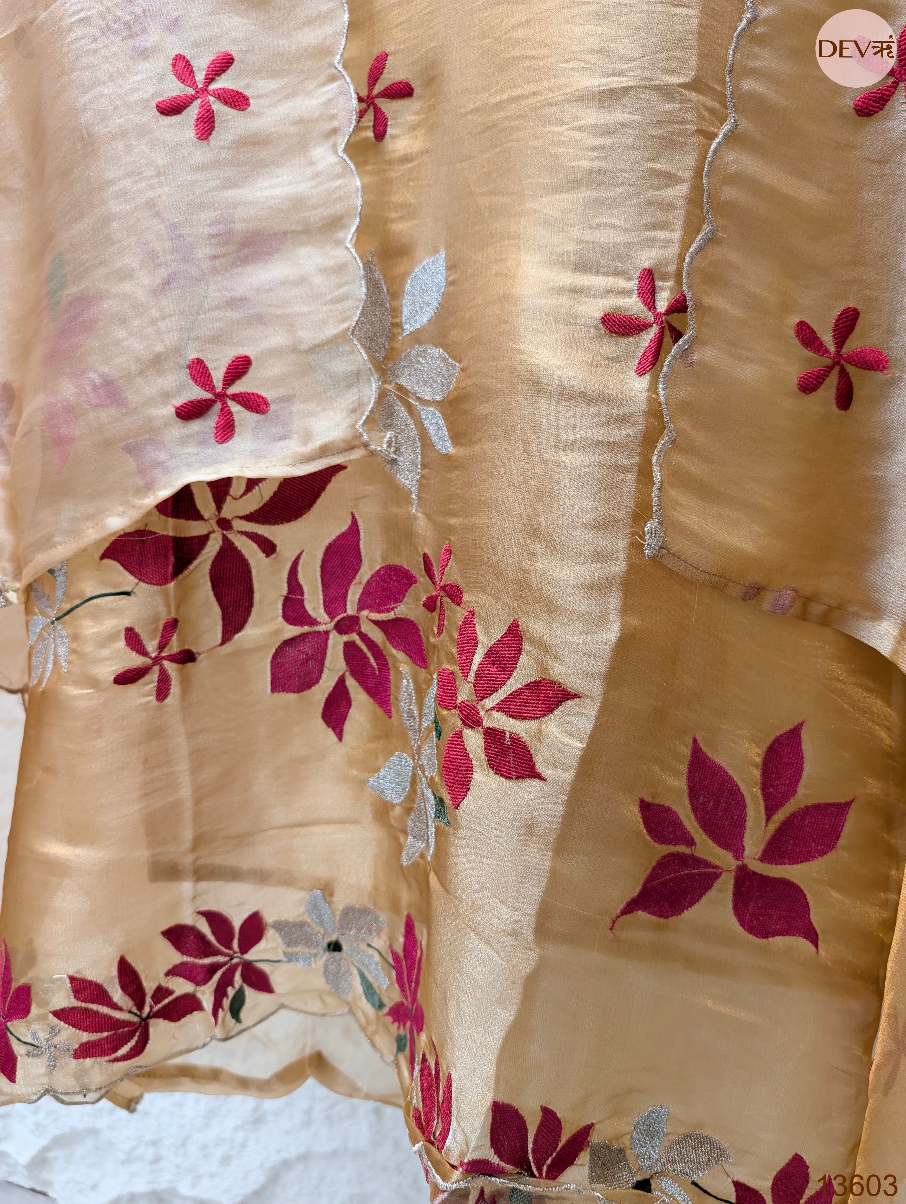 Beige Crush Tissue Silk Embroidered Unstitched 3-Piece Suit (Devri – D.No 13603)