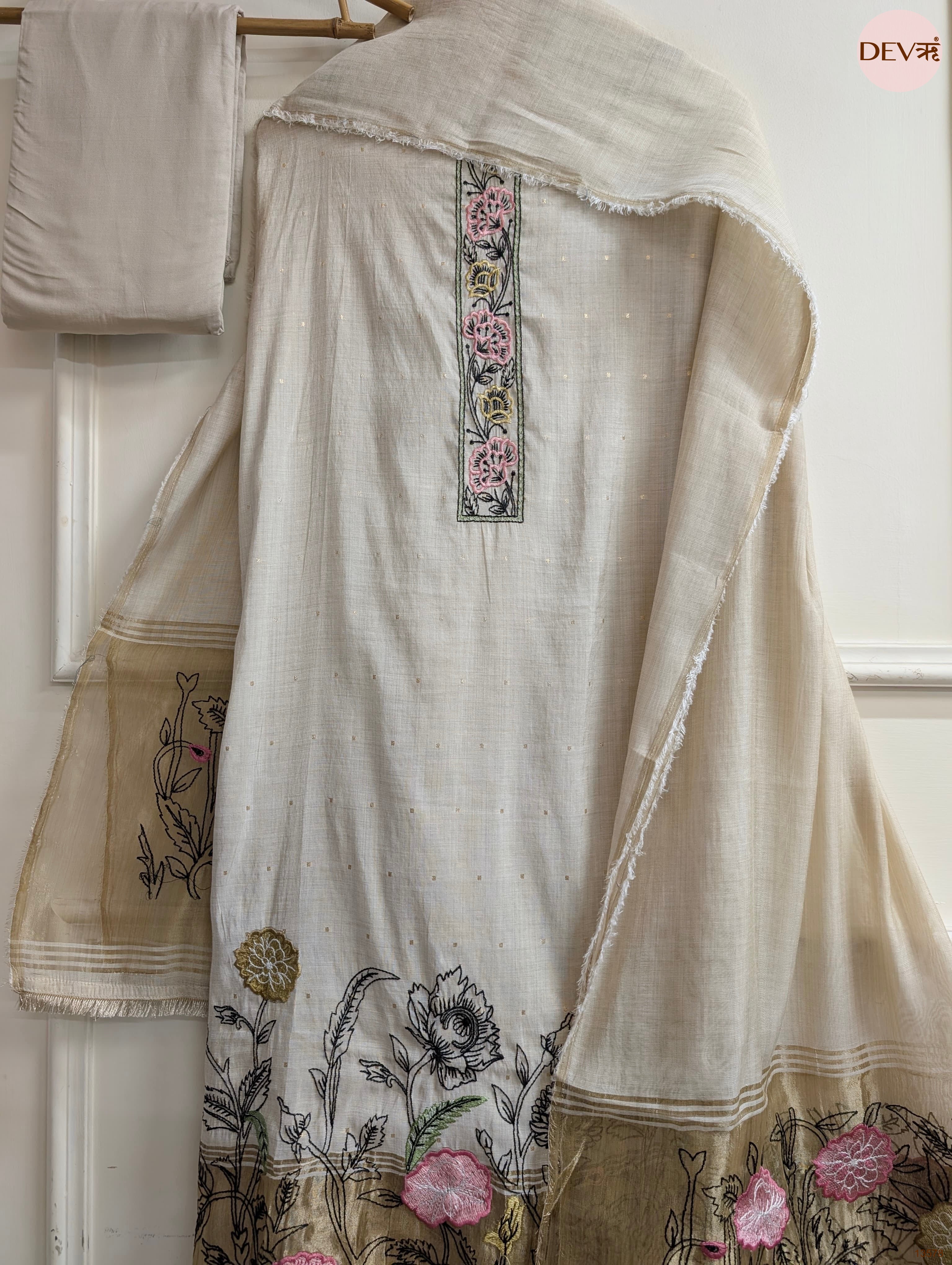 Beige Mul Chanderi Embroidered Unstitched 3-Piece Suit (Devri – D.No 13578)