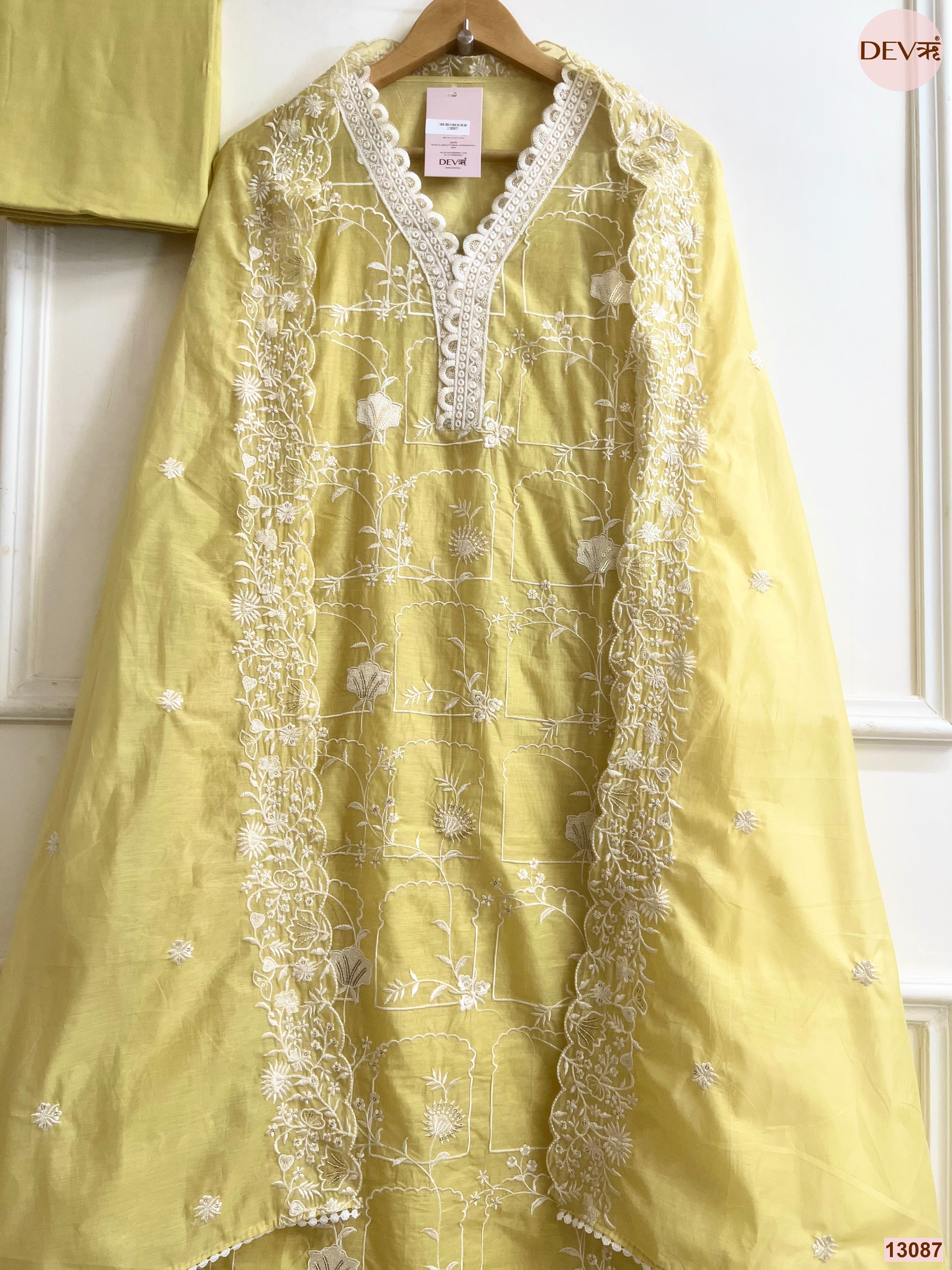Yellow Mul Chanderi Embroidered Unstitched 3-Piece Suit (Devri – D.No 13087)
