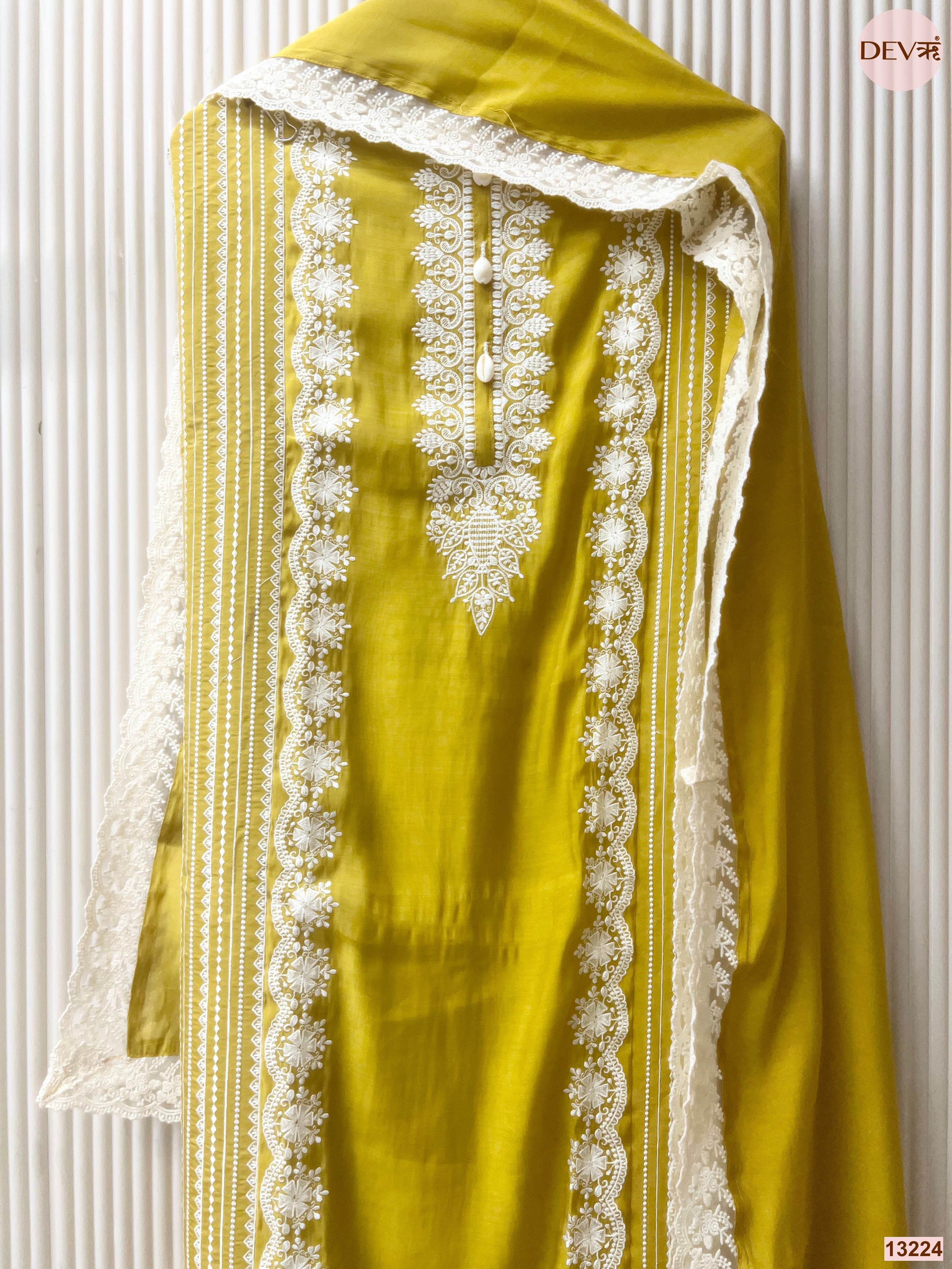 Mustard Mul Cotton Embroidered Unstitched 3-Piece Suit (Devri – D.No 13224)