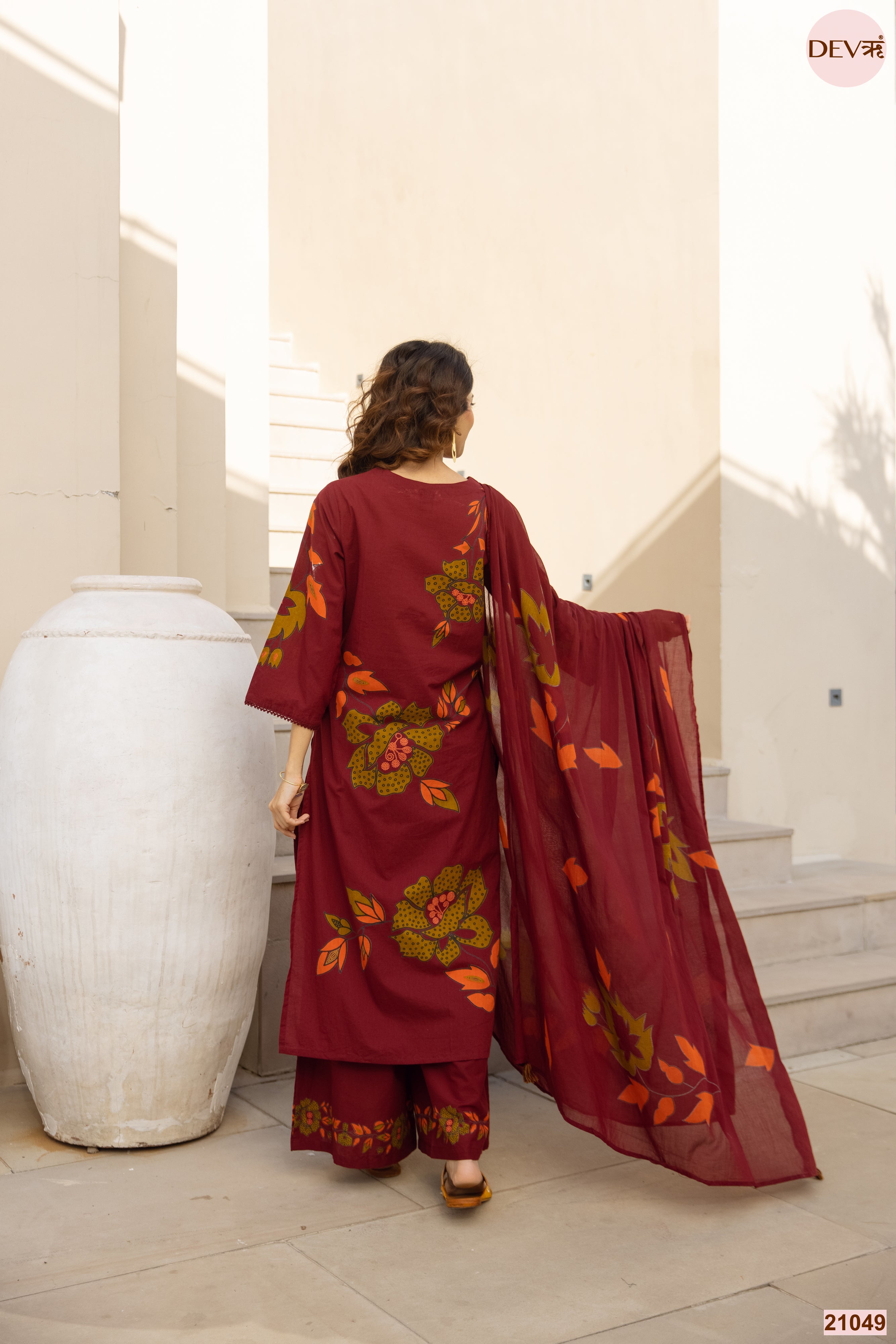 Gulnaar Cotton Slub Printed Maroon 3-Piece Set (Devri – D.No 21049)