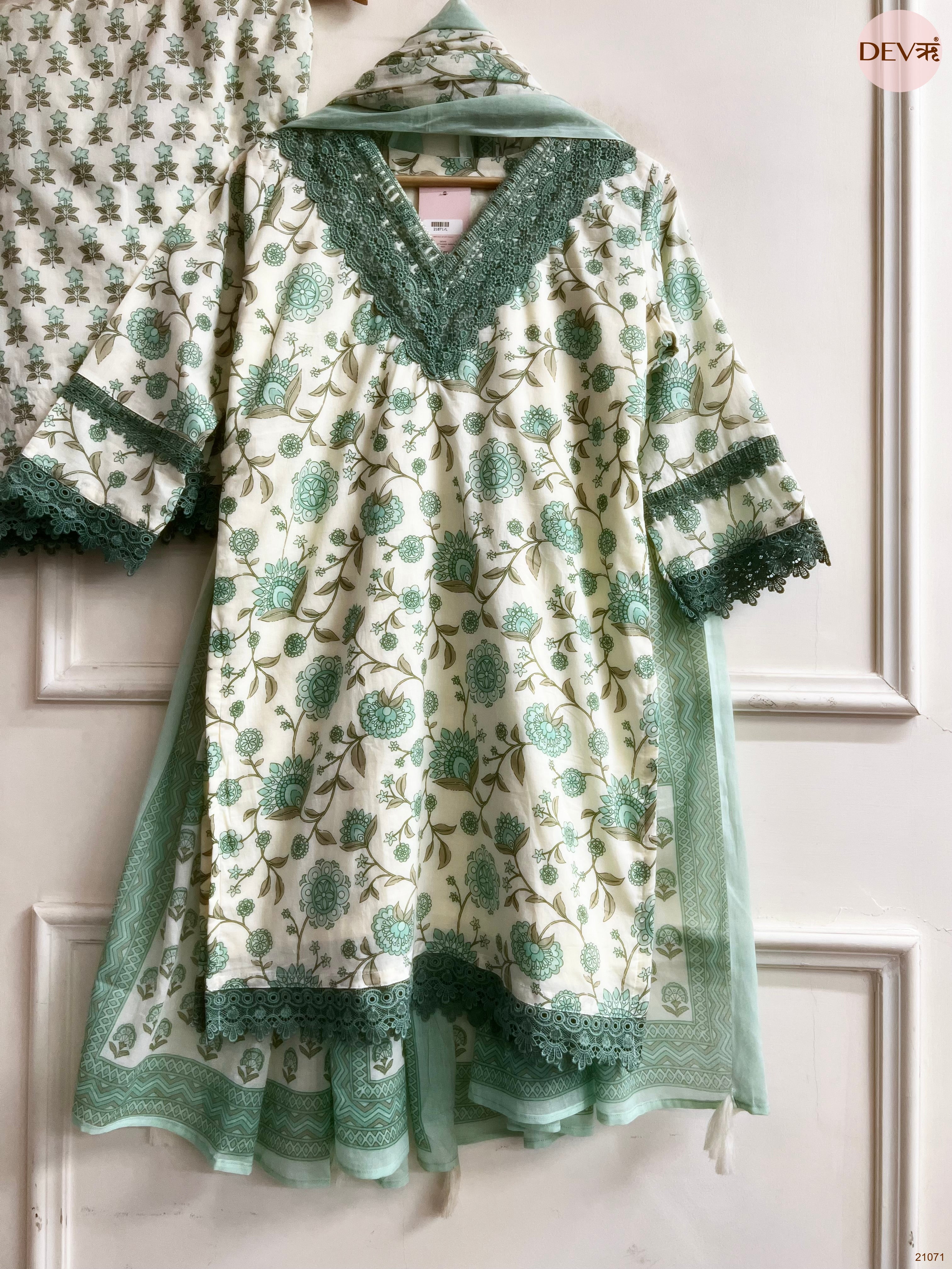 Gulnaar Pure cotton Printed Mint Green 3-Piece Set (Devri – D.No 21071)