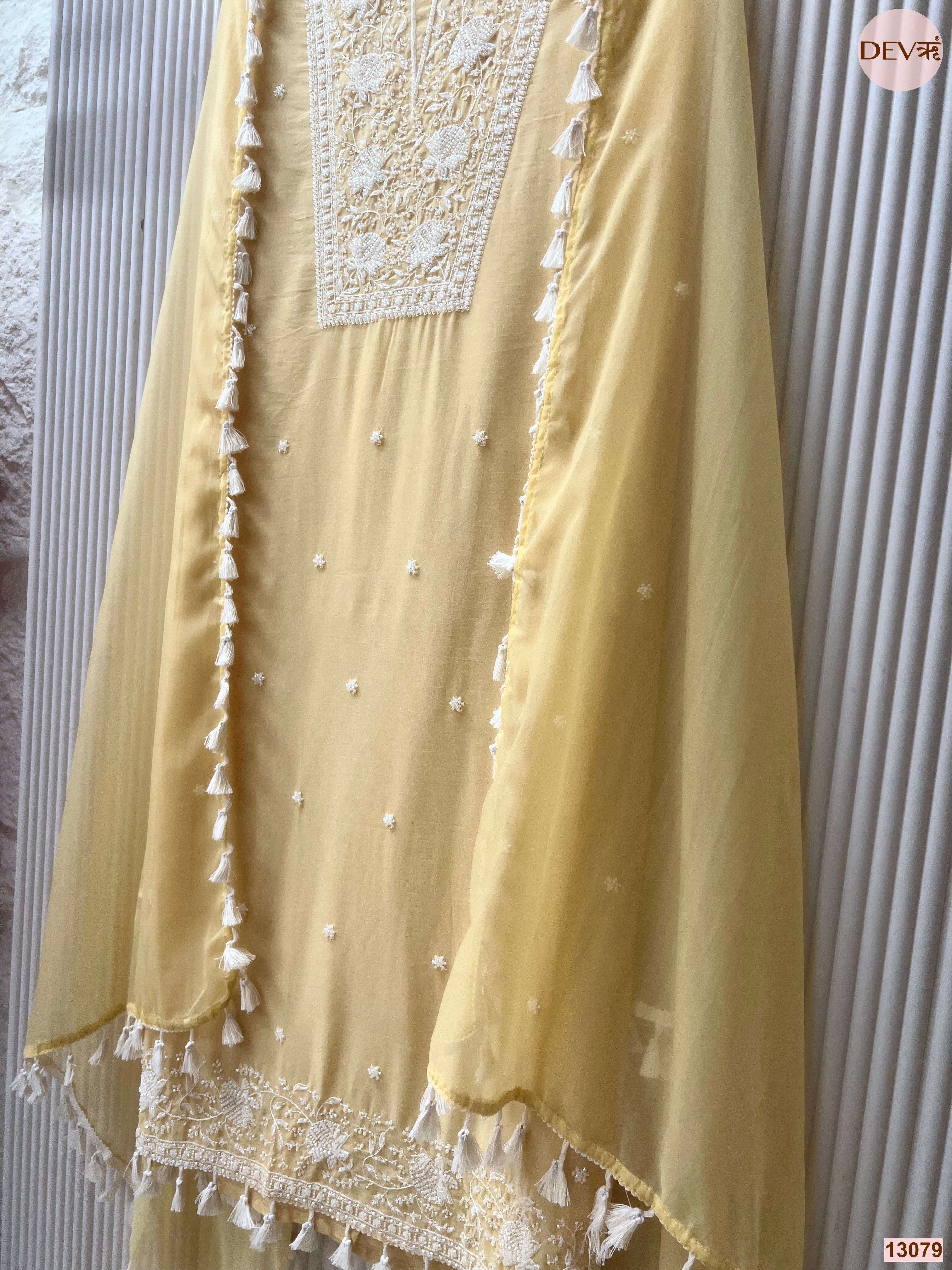 Yellow Mul Cotton Embroidered Unstitched 3-Piece Suit (Devri – D.No 13079)
