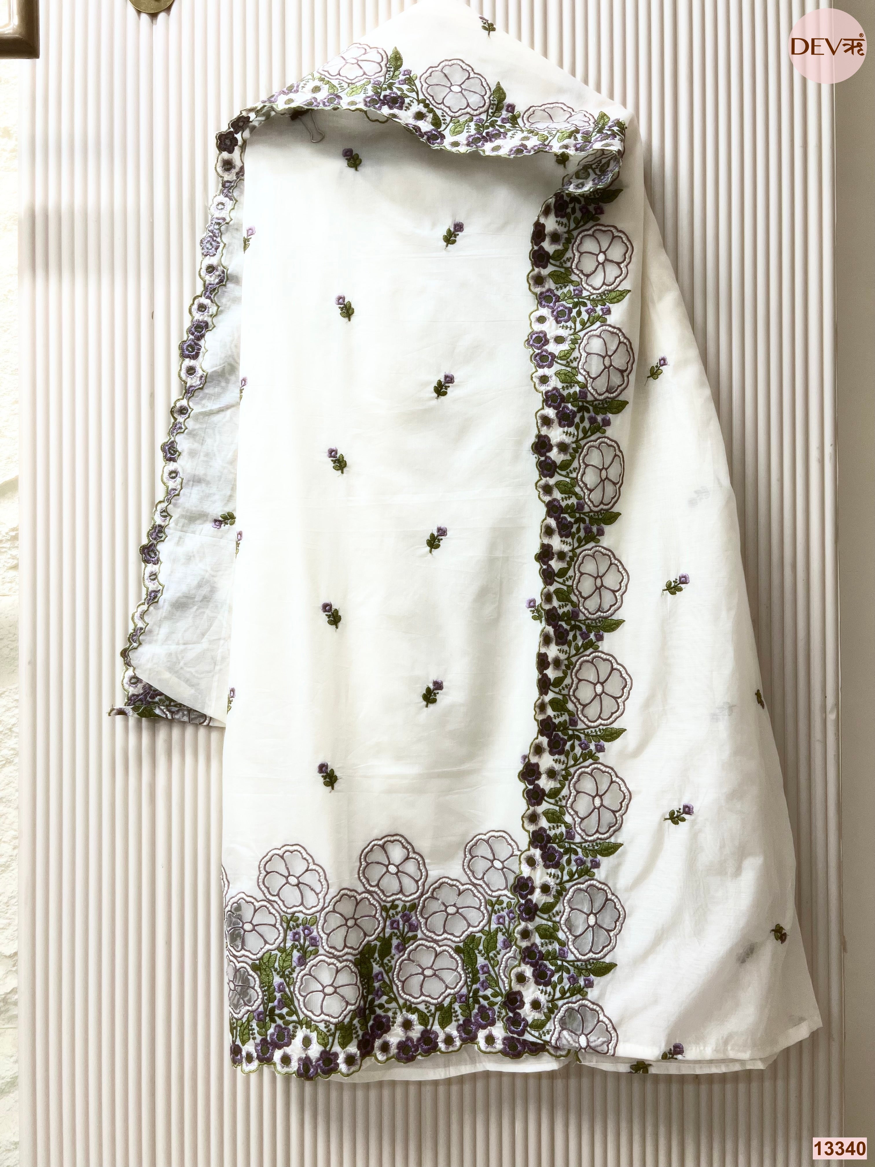 Off White Mul Chanderi Embroidered Unstitched 3-Piece Suit (Devri – D.No 13340)