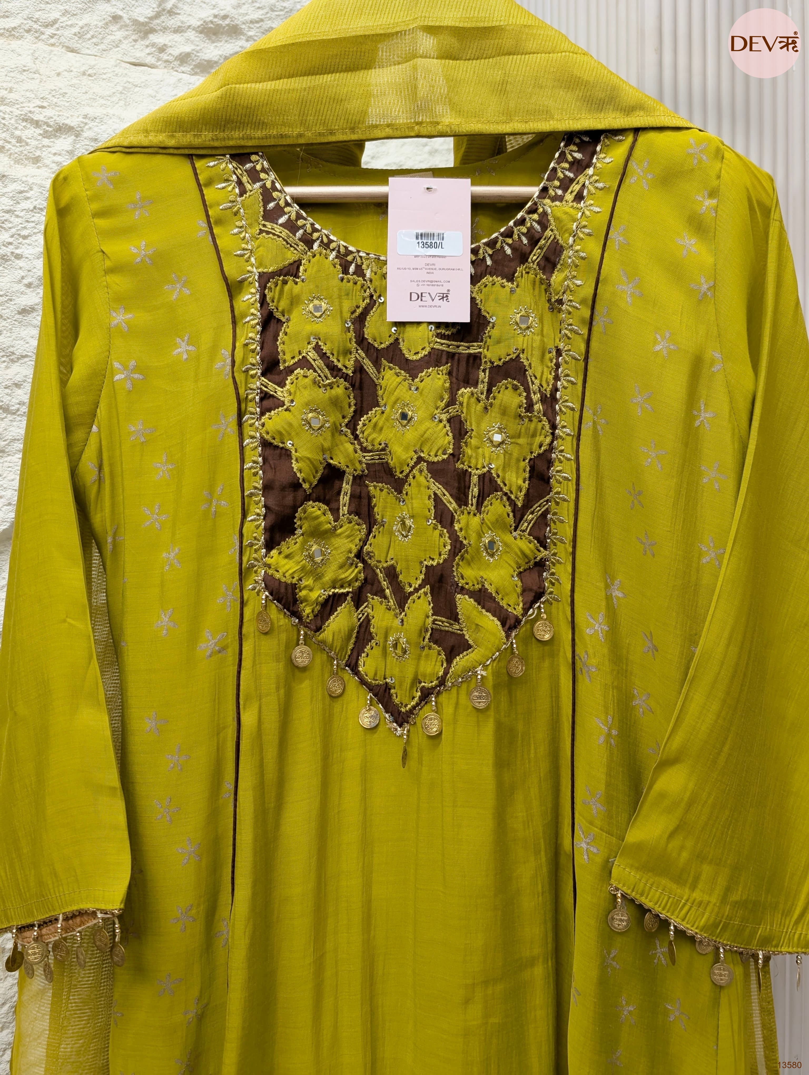 Gulnaar Mul Chanderi Embroidered Lime Green 3-Piece Set (Devri – D.No 13580)