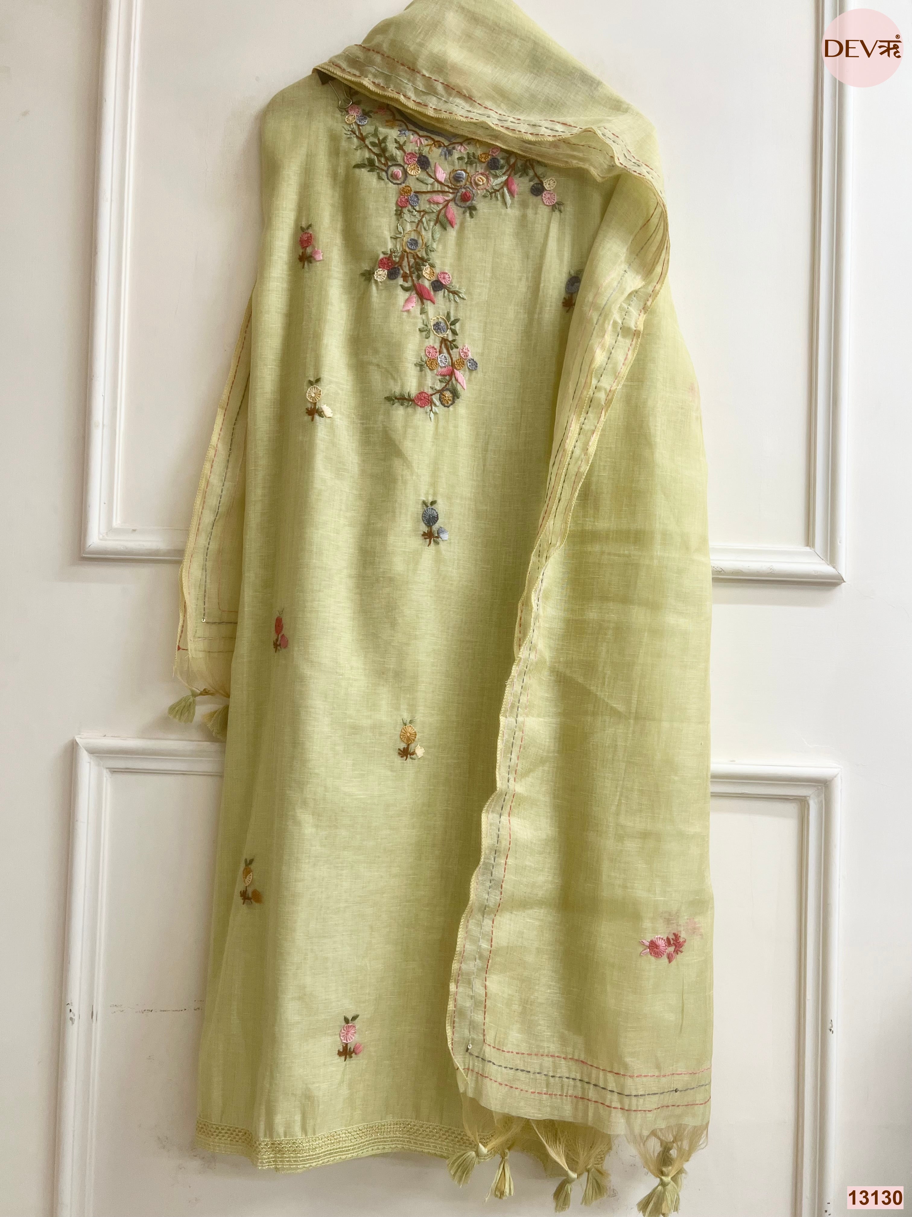 Lime Jamdani Cotton Embroidered Unstitched 3-Piece Suit (Devri – D.No 13130)