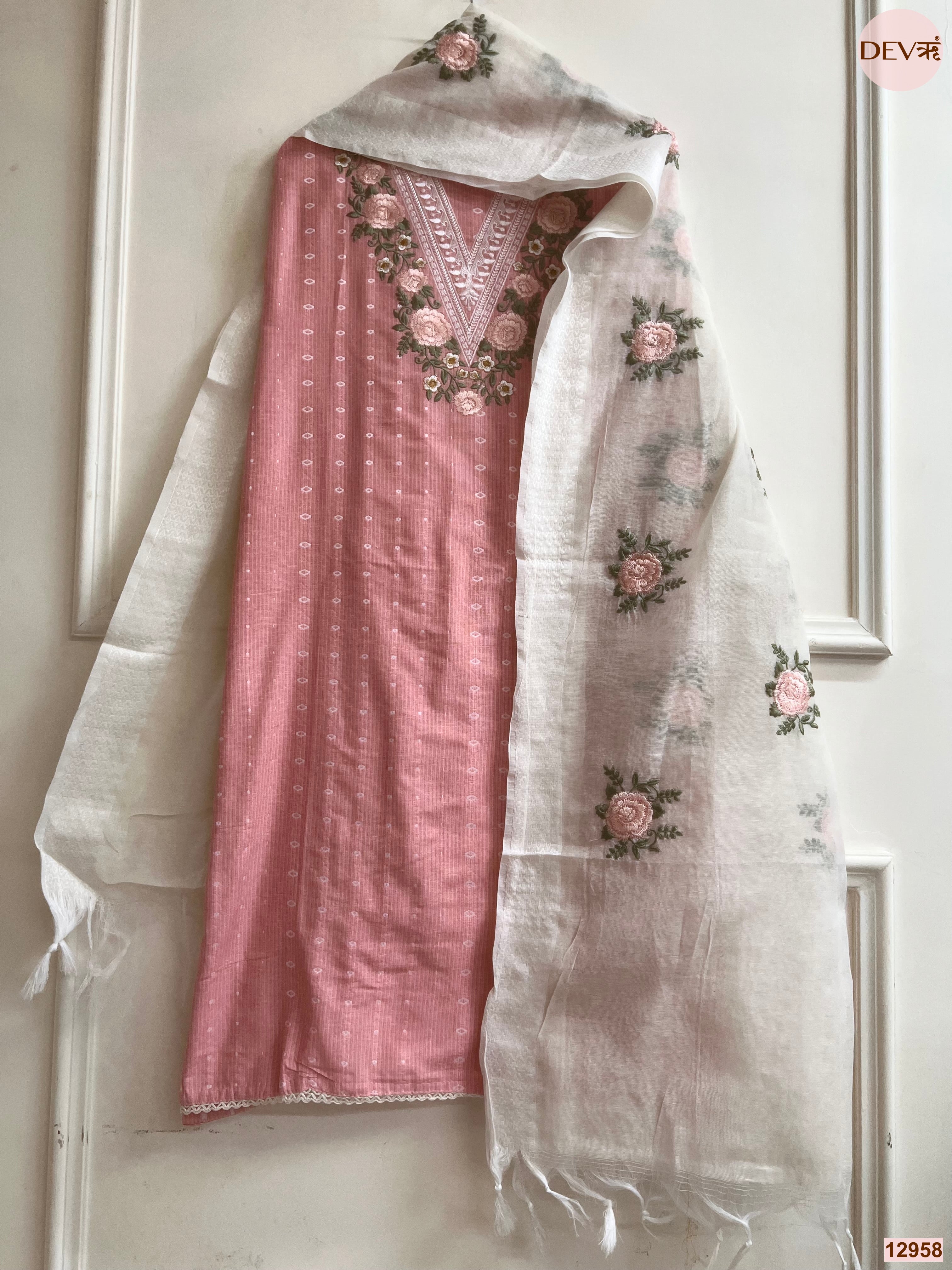 Pink Cotton Handloom Embroidered Unstitched 3-Piece Suit (Devri – D.No 12958)