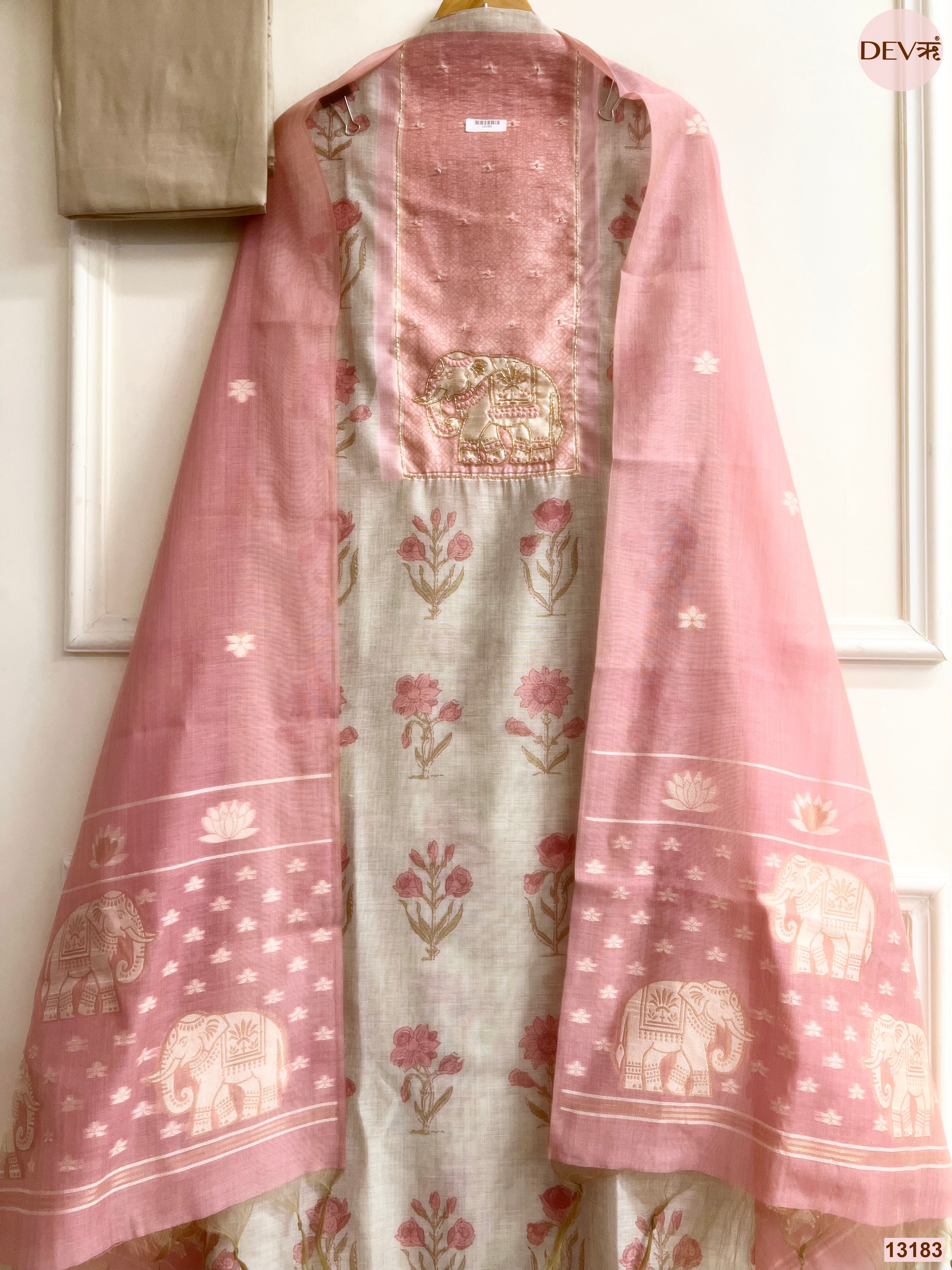 Pink Mul Chanderi Printed Unstitched 3-Piece Suit (Devri – D.No 13183)