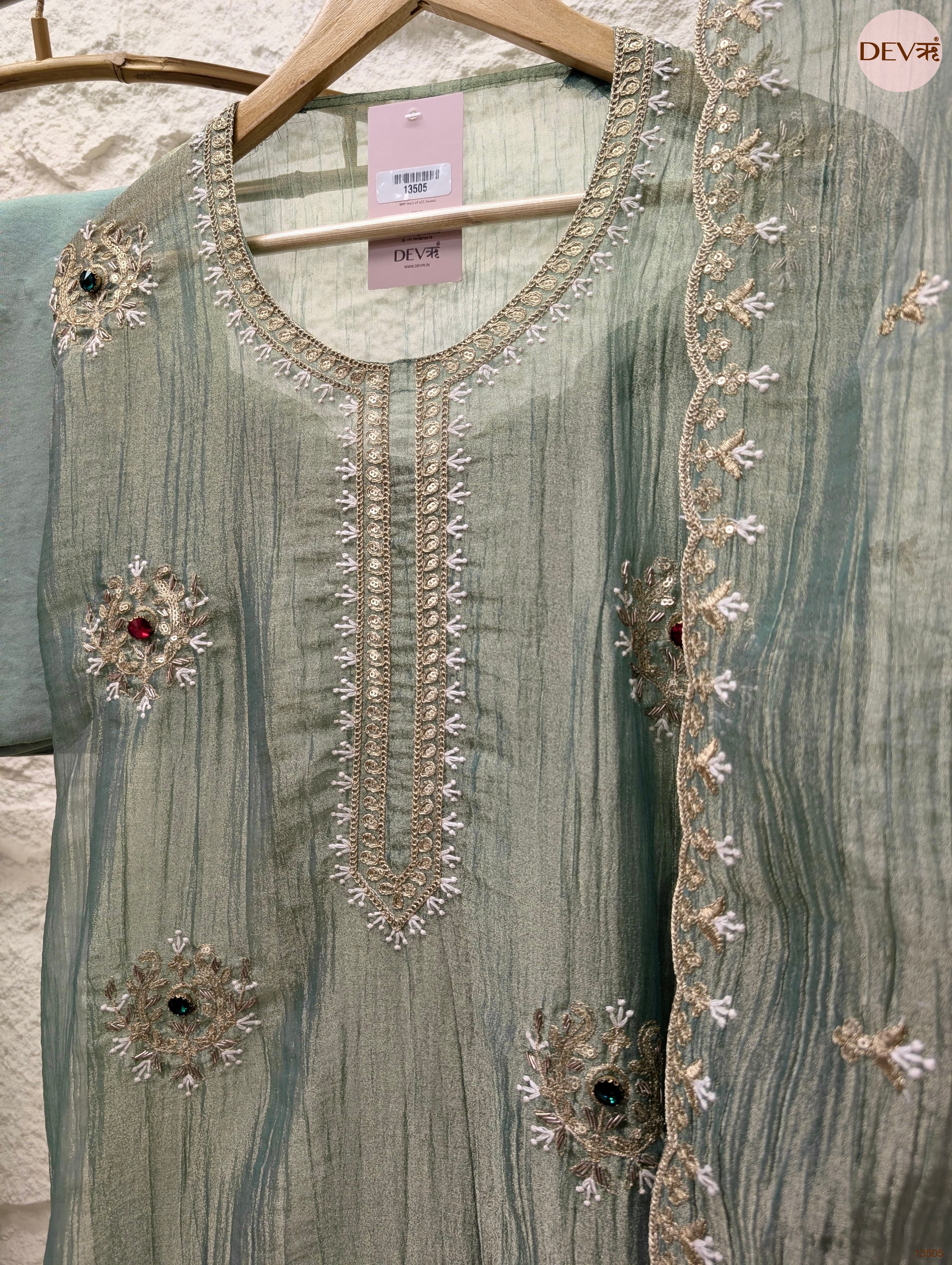 Green Tissue Crush Silk Embroidered Unstitched 3-Piece Suit (Devri – D.No 13505)