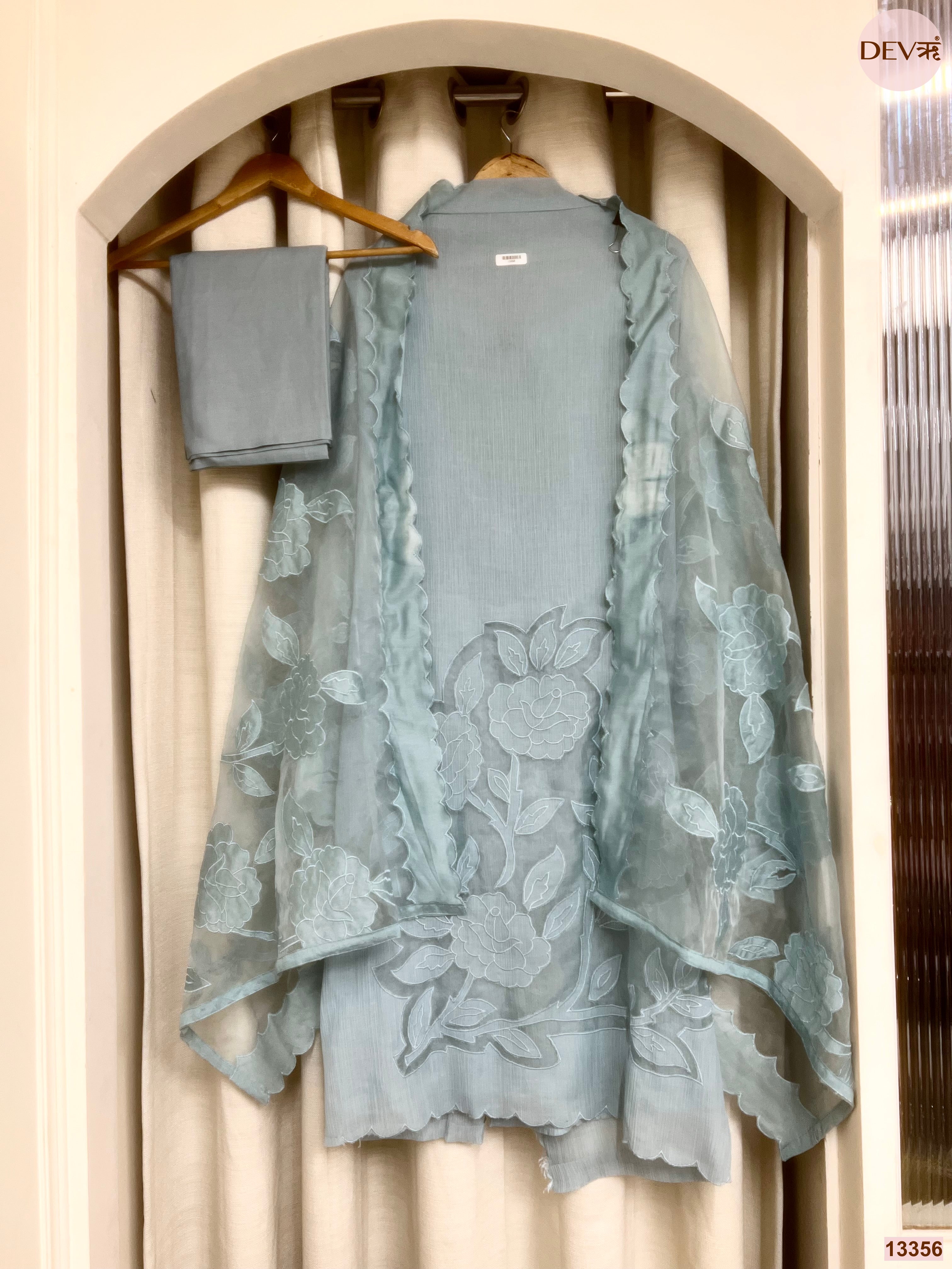 Blue Mul Chanderi Embroidered Unstitched 3-Piece Suit (Devri – D.No 13356)