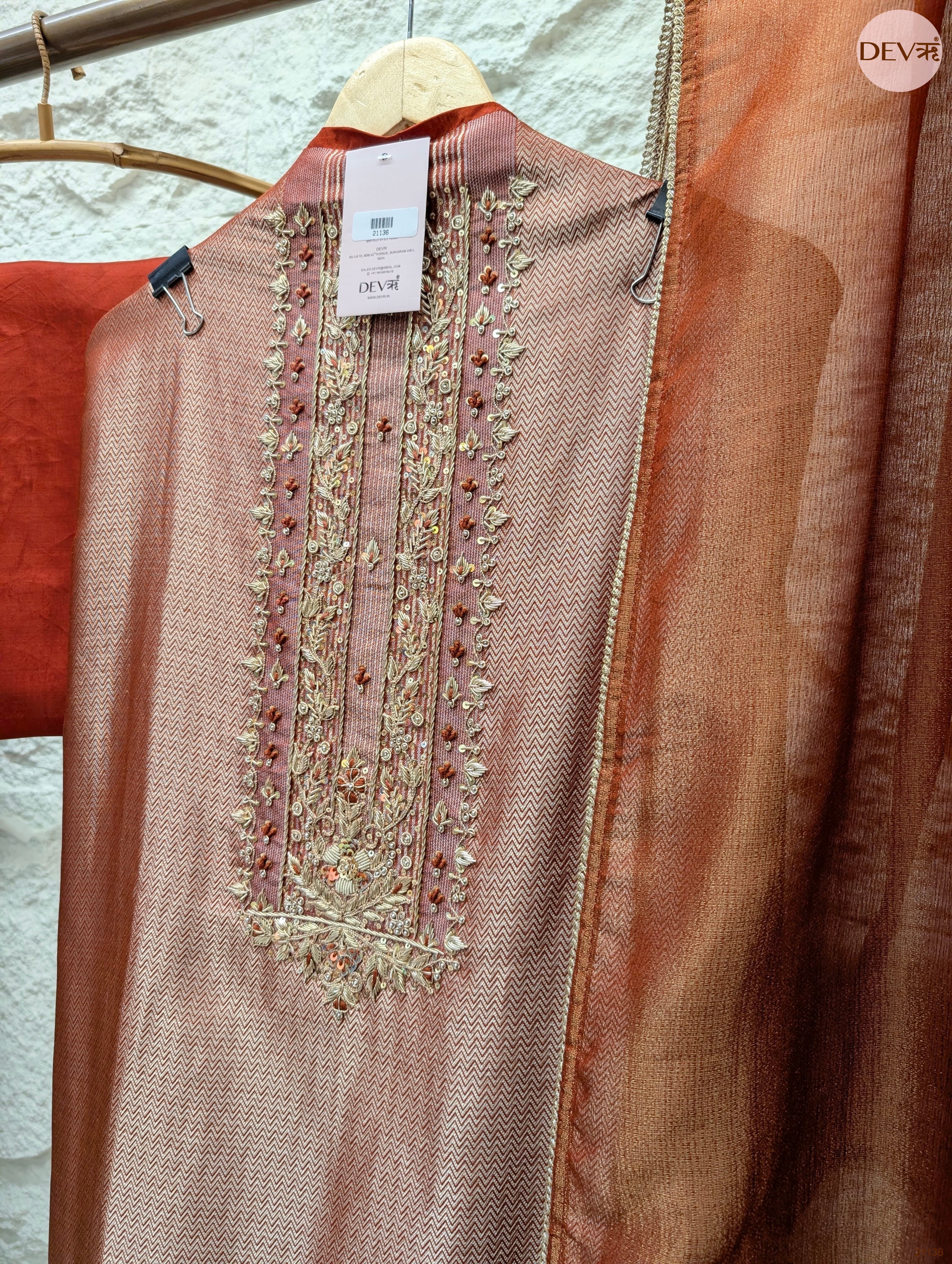 Rust Pure Giraffe Banarasi Silk Embroidered Unstitched 3-Piece Suit (Devri – D.No 21136)