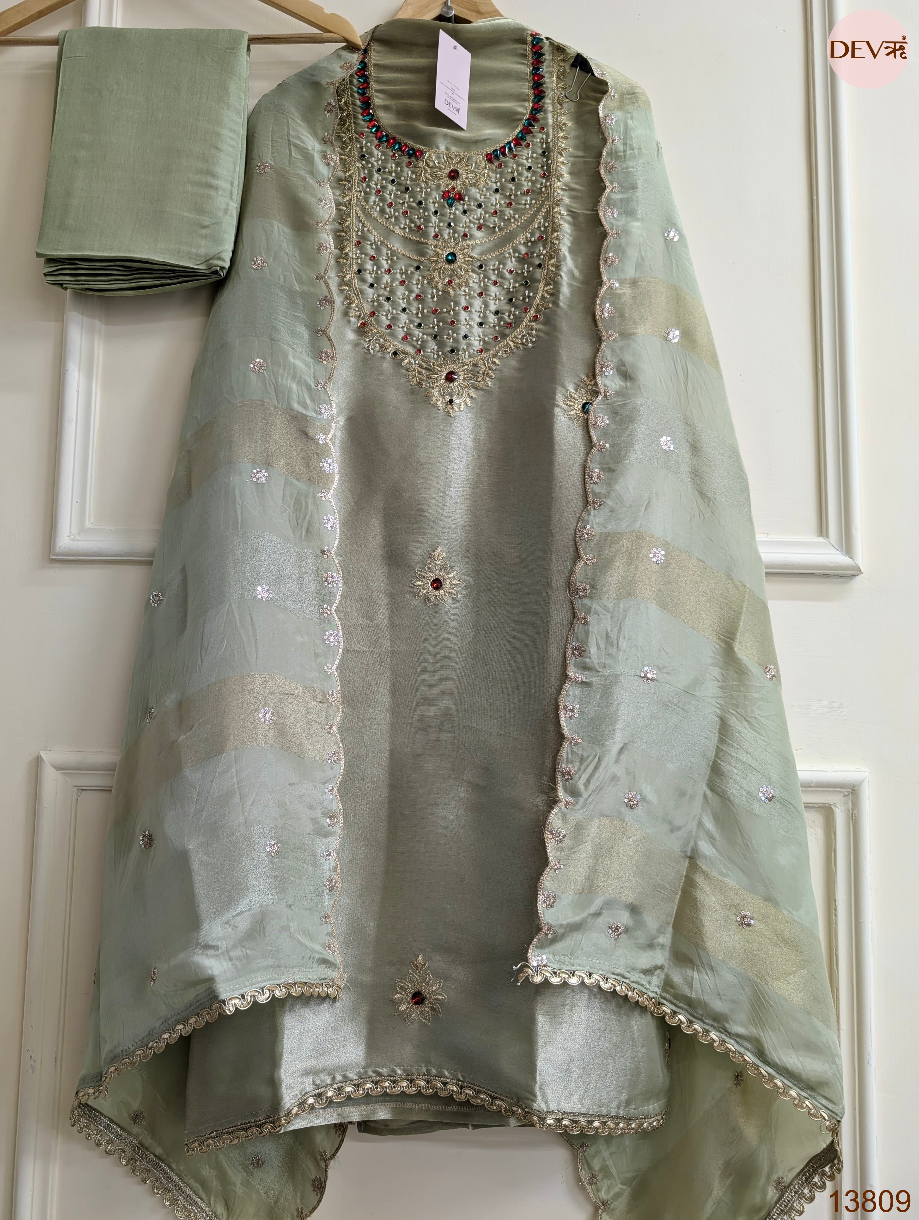 Sage Pure Tissue Giraffe Silk Embroidered Unstitched 3-Piece Suit (Devri – D.No 13809)