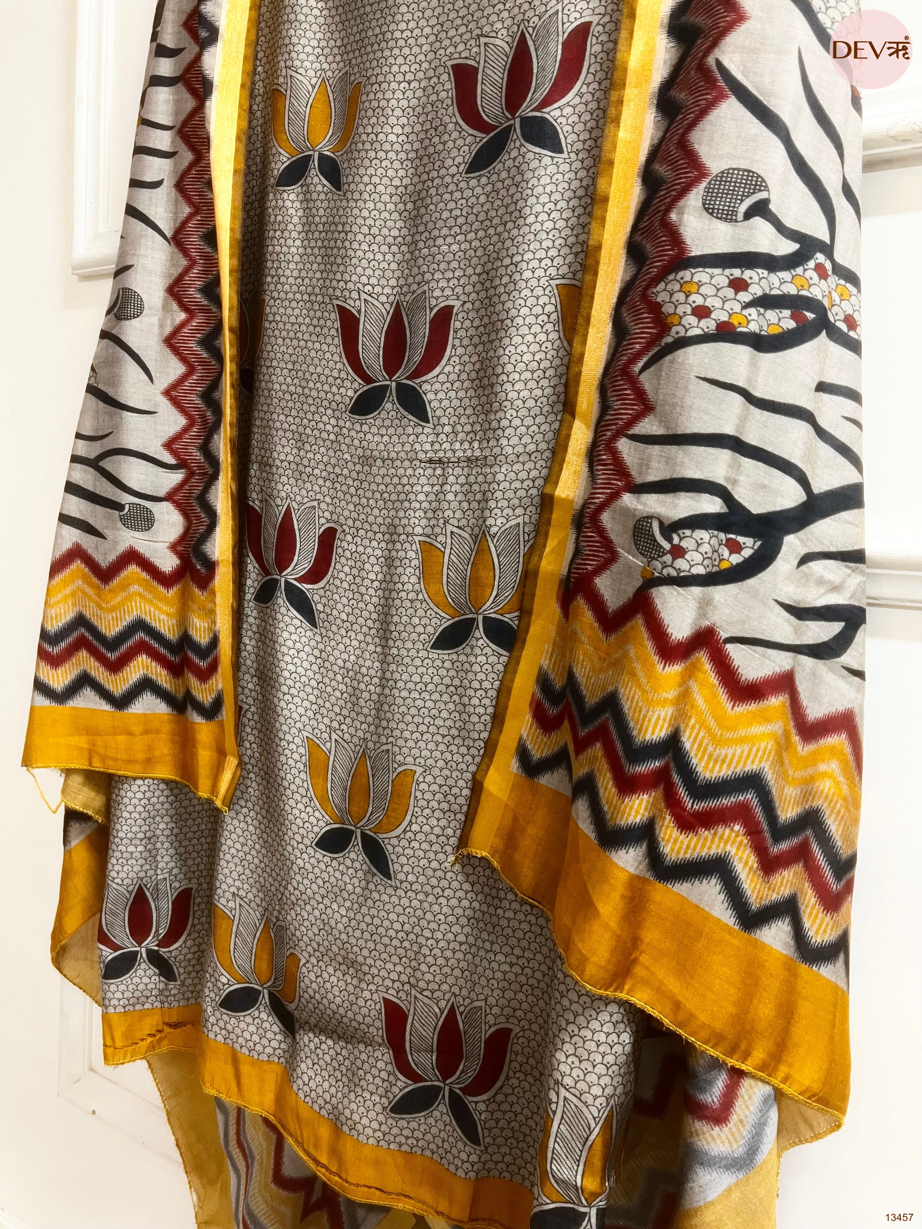 Grey Maheshwari Silk Printed Unstitched 3-Piece Suit (Devri – D.No 13457)