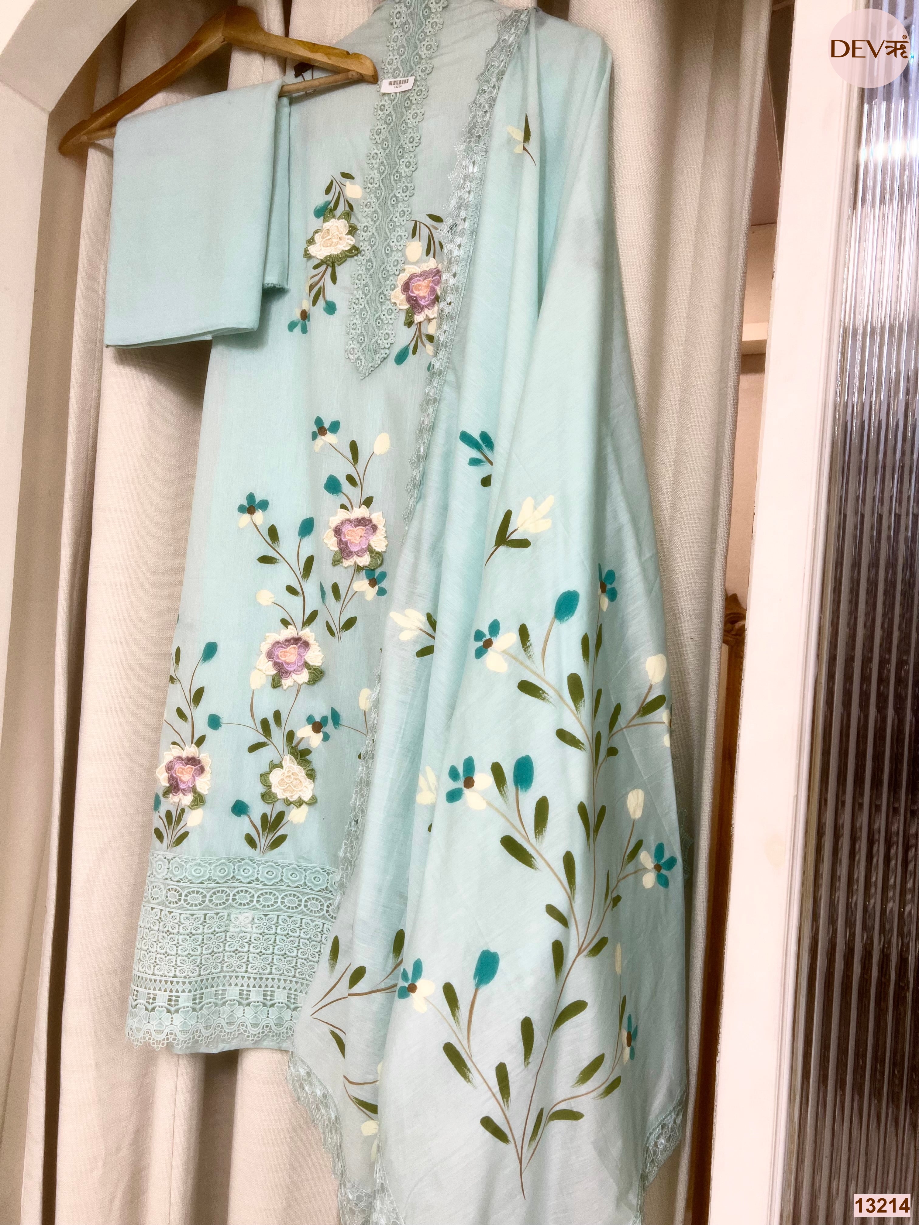 Blue Mul Chanderi Embroidered Unstitched 3-Piece Suit (Devri – D.No 13214)