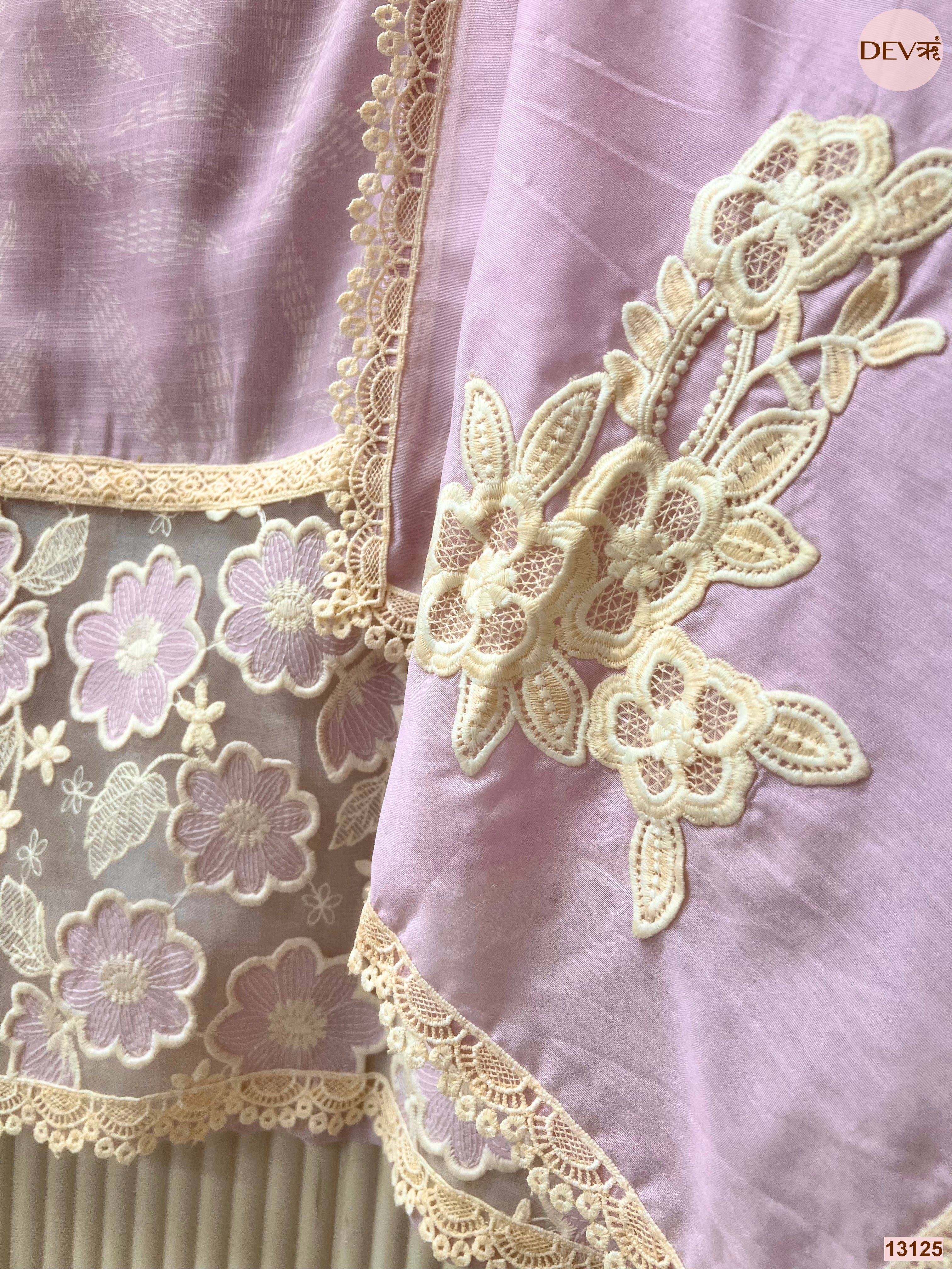 Lavender Linen Cotton Embroidered Unstitched 3-Piece Suit (Devri – D.No 13125)