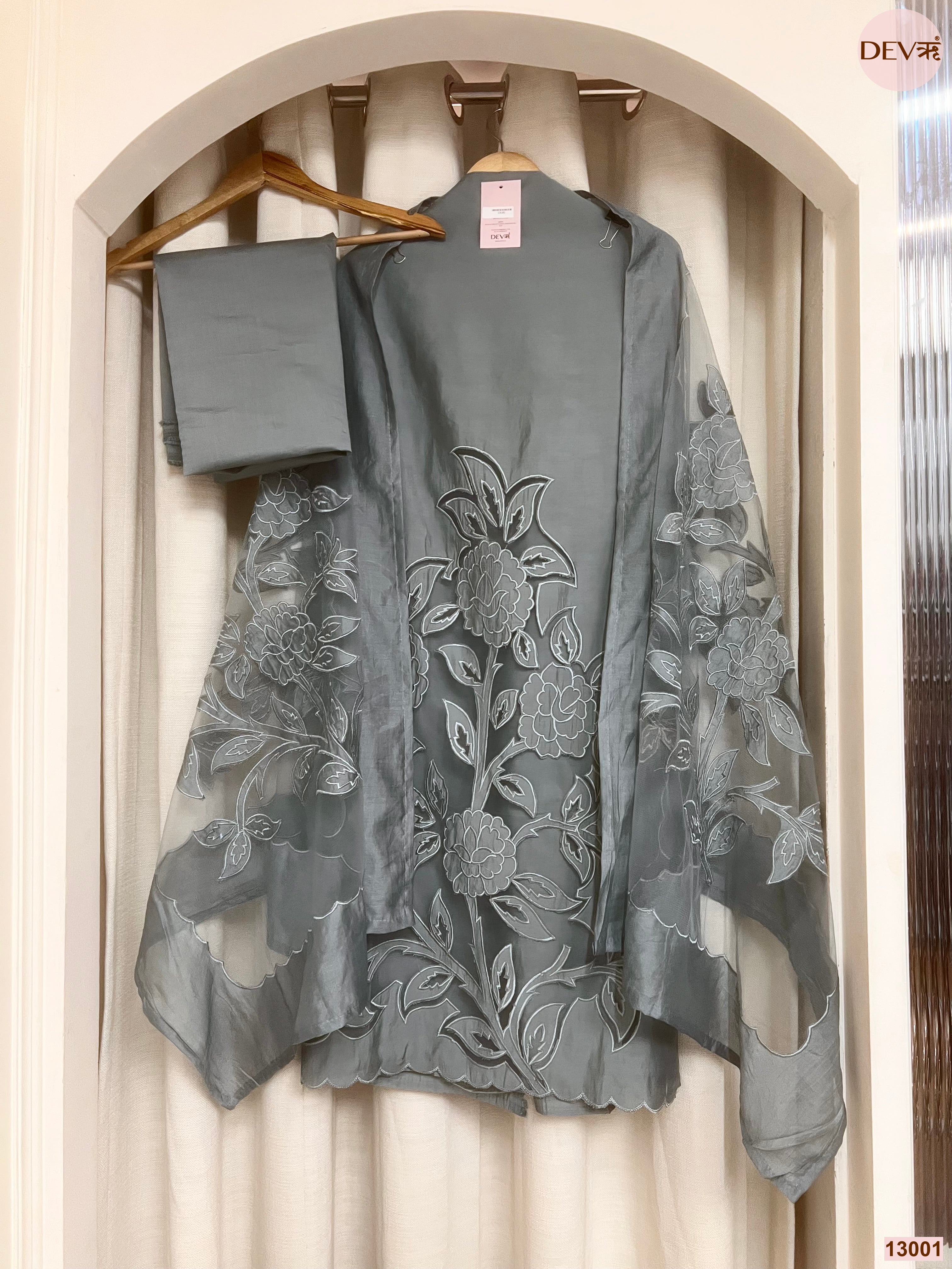 Grey Roman Silk Embroidered Unstitched 3-Piece Suit (Devri – D.No 13001)