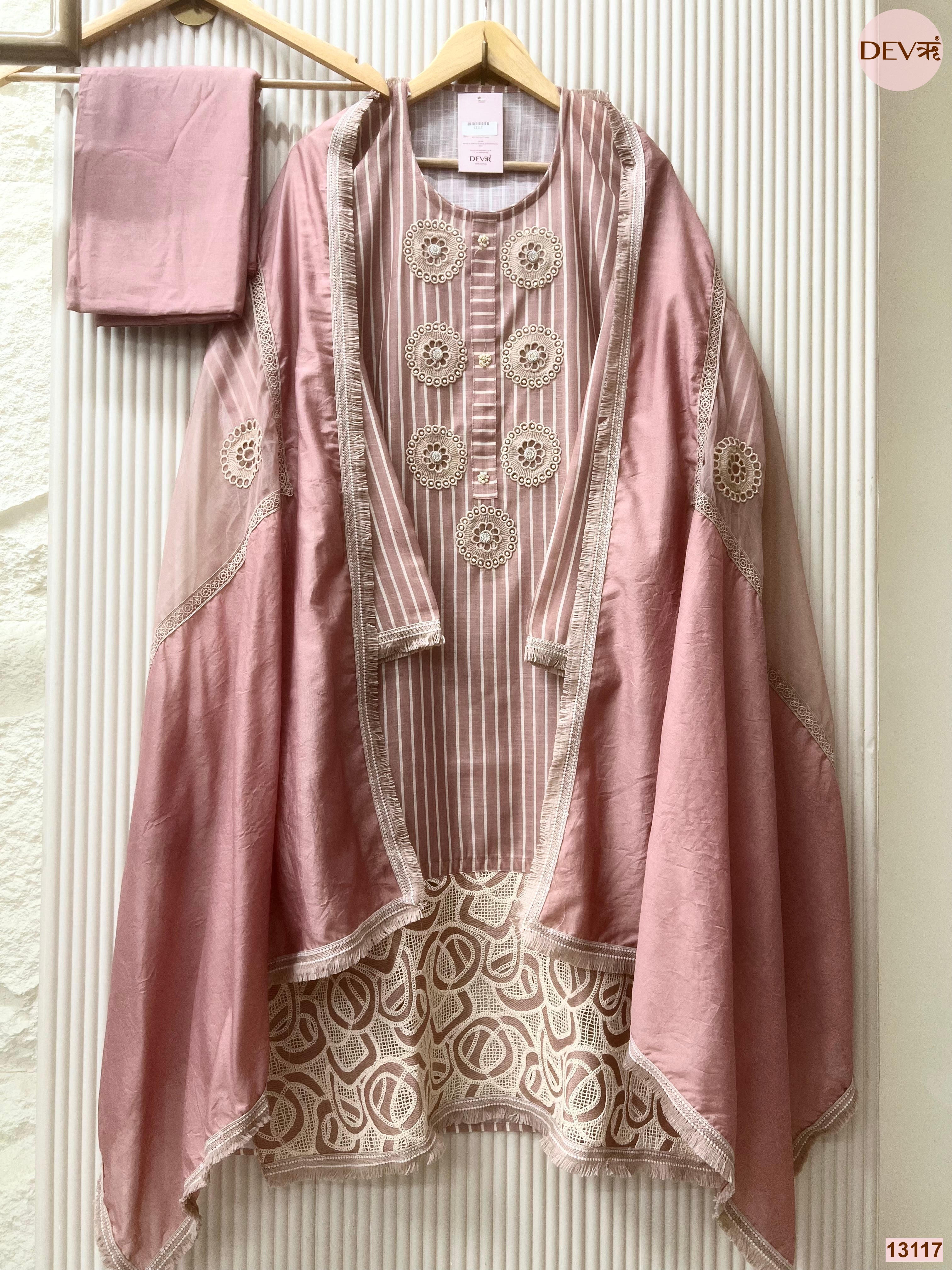 Pink Linen Cotton Embroidered Unstitched 3-Piece Suit (Devri – D.No 13117)