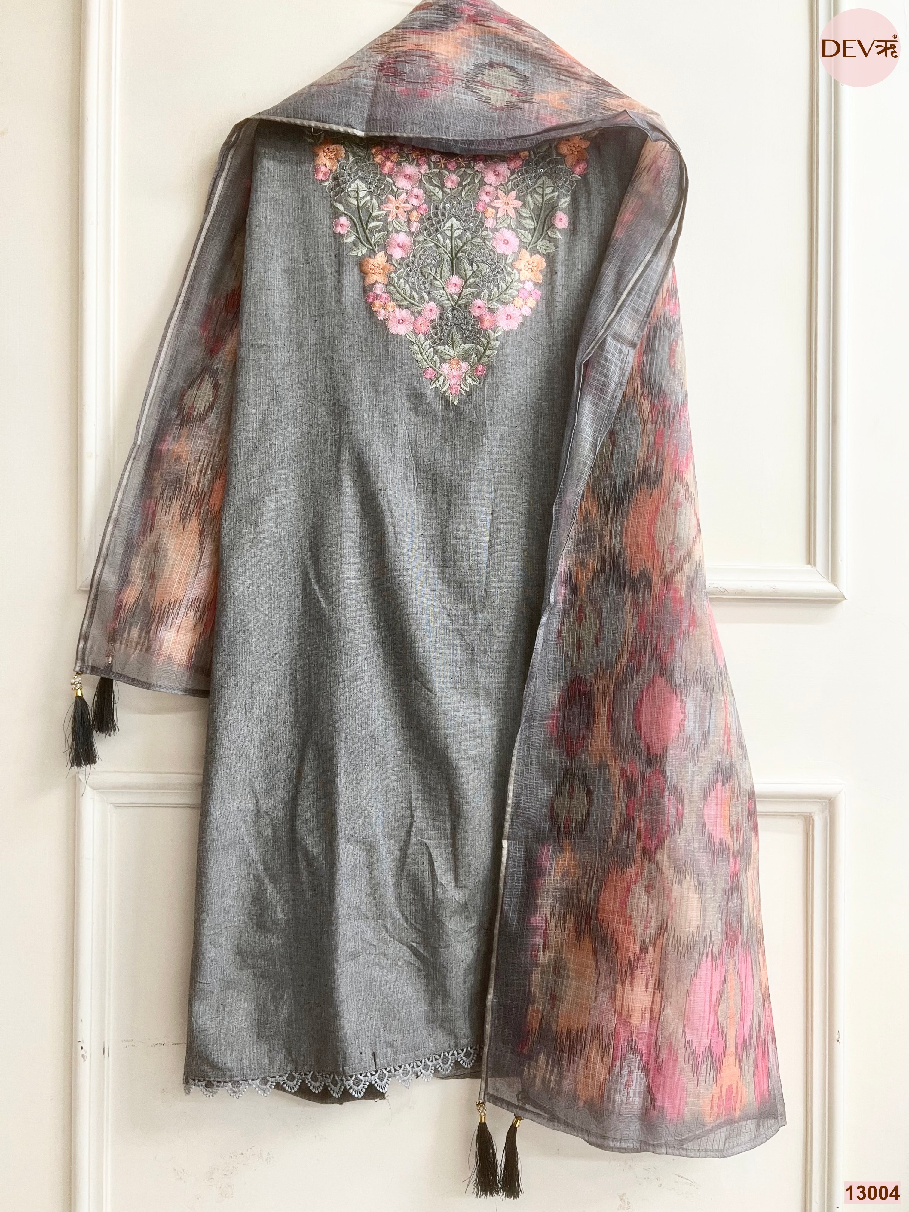 Grey Cotton Handloom Embroidered Unstitched 3-Piece Suit (Devri – D.No 13004)