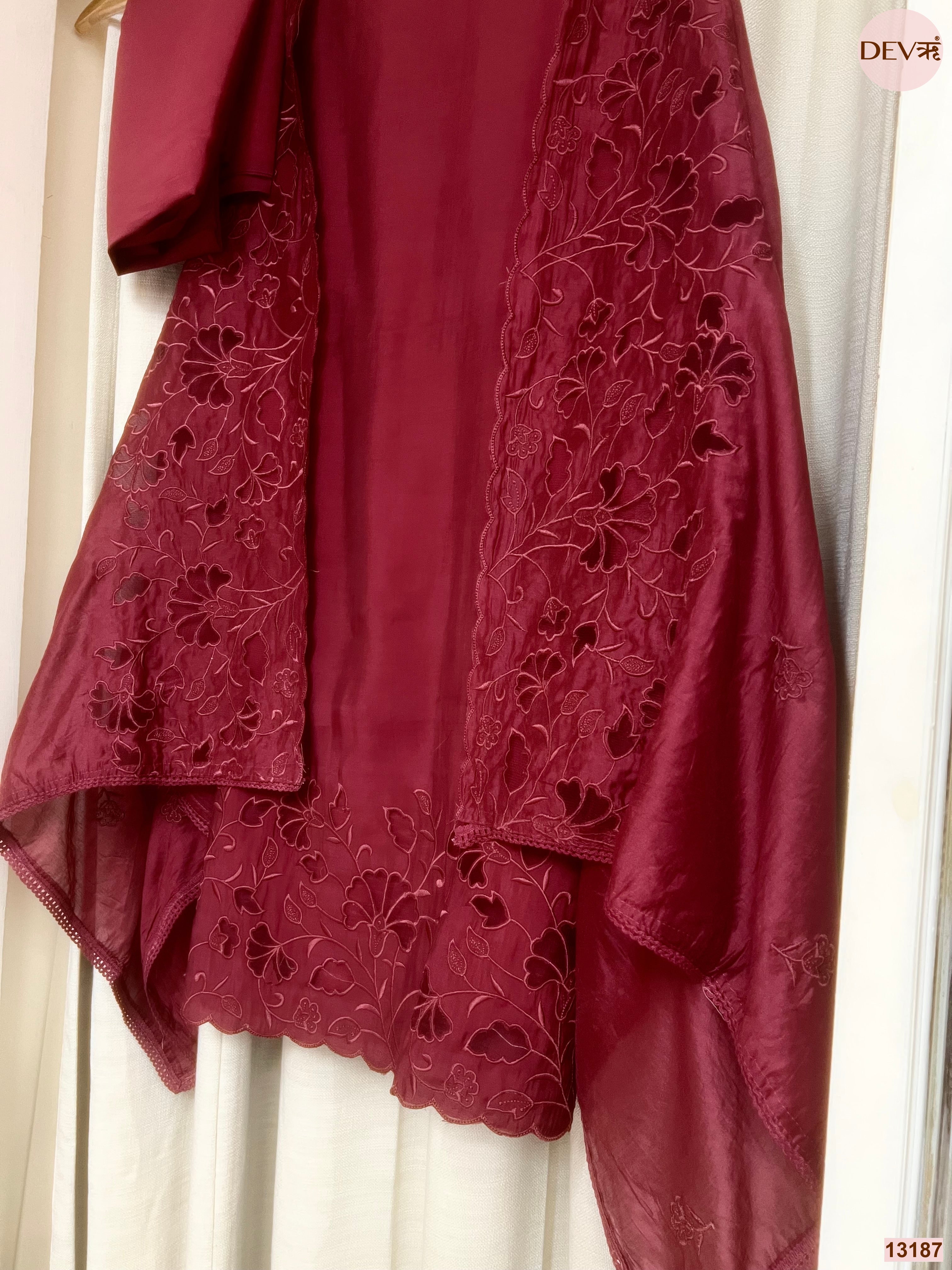 Maroon Roman Silk Embroidered Unstitched 3-Piece Suit (Devri – D.No 13187)