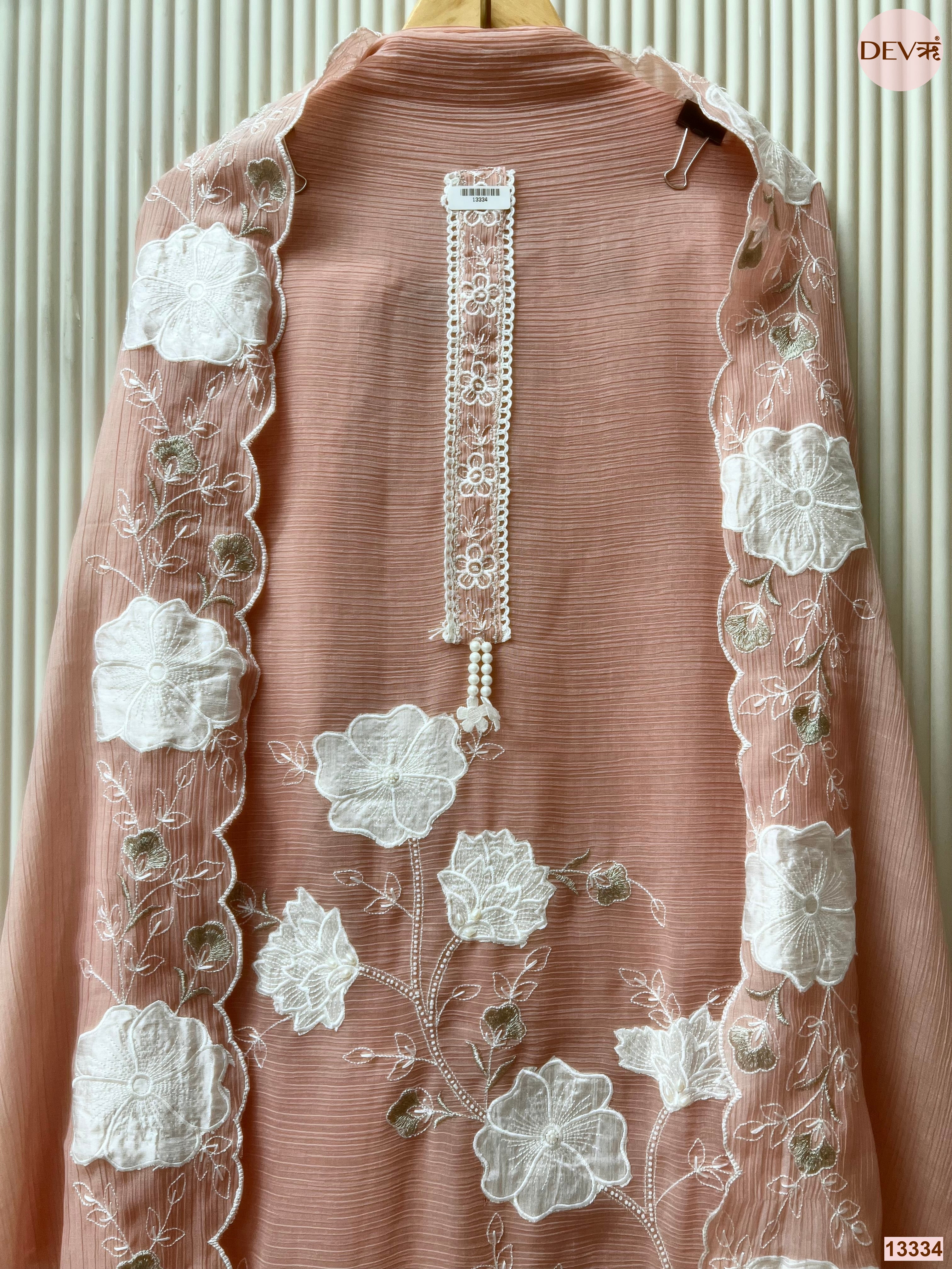 Peach Mul Chanderi Crush Embroidered Unstitched 3-Piece Suit (Devri – D.No 13334)