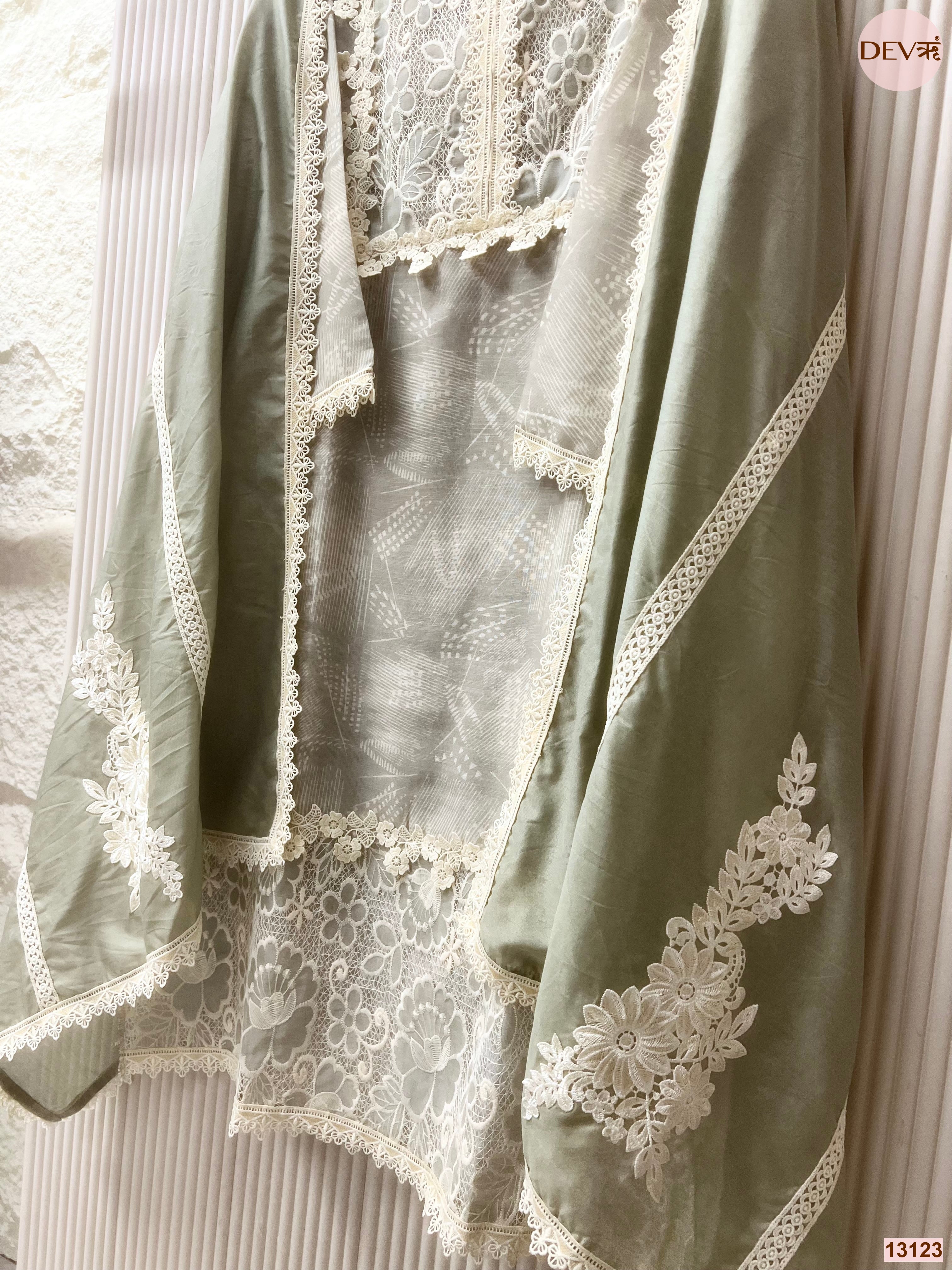 Sage Linen Embroidered Unstitched 3-Piece Suit (Devri – D.No 13123)