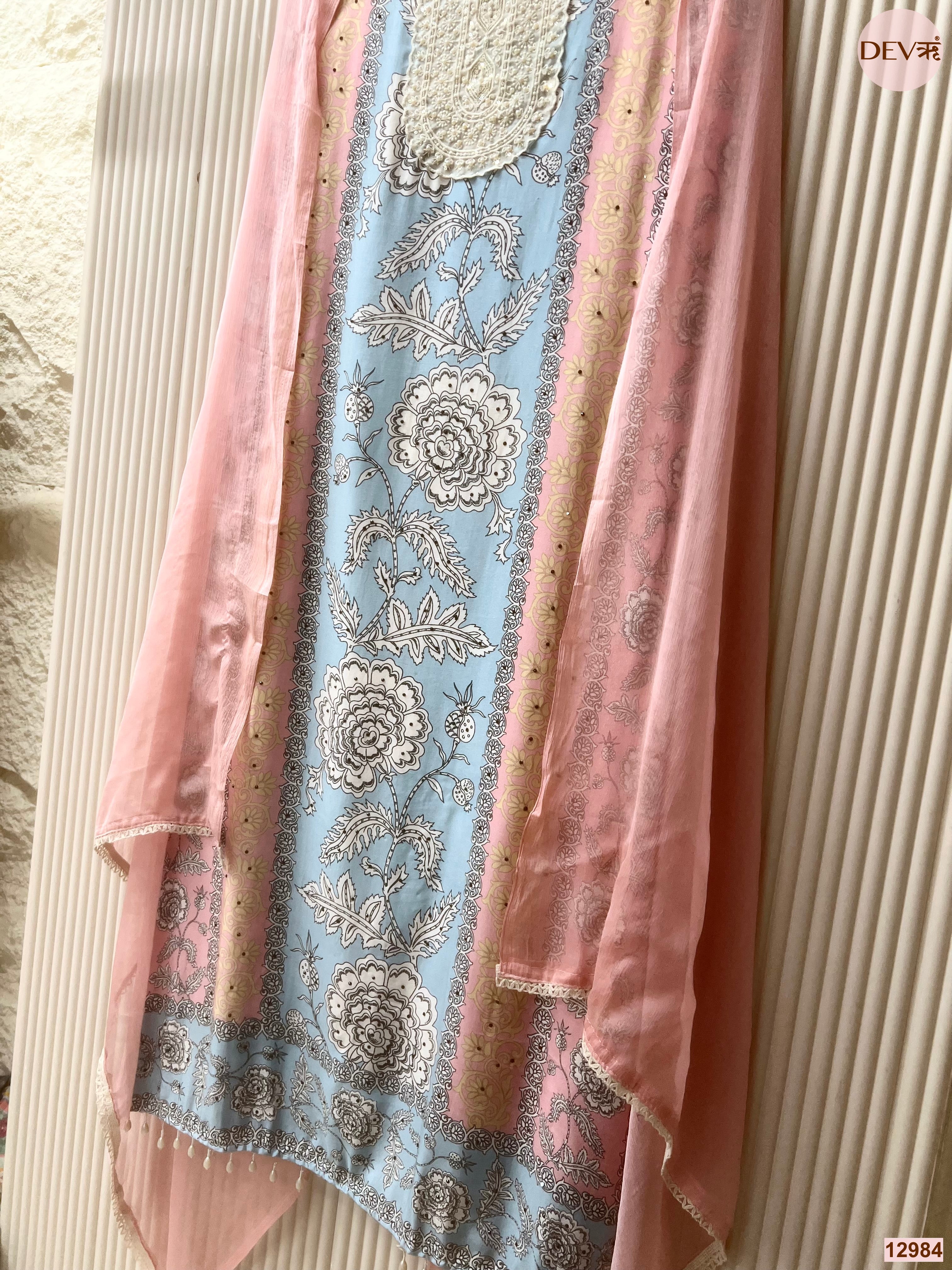 Blue Muslin Printed Unstitched 3-Piece Suit (Devri – D.No 12984)