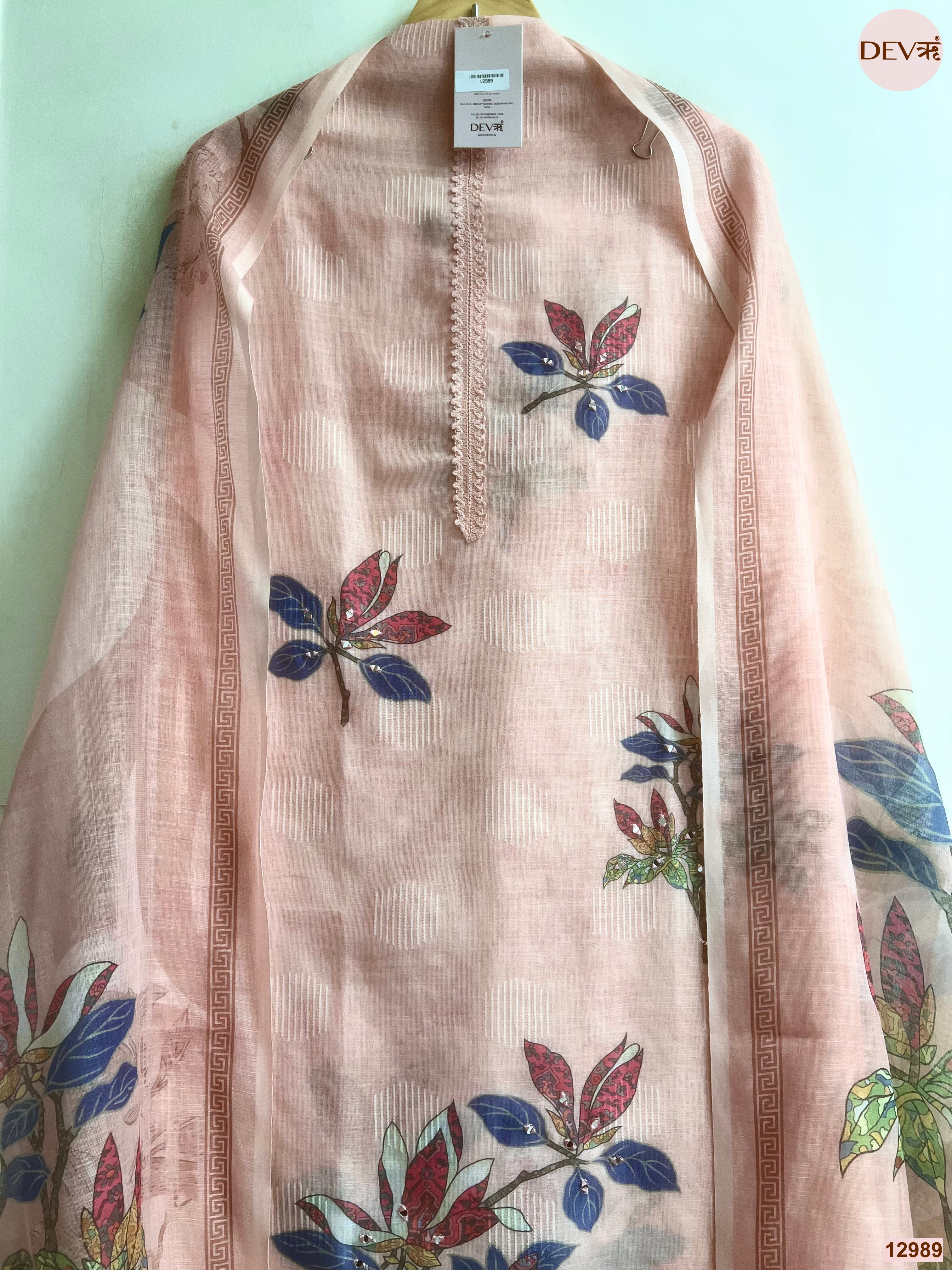Peach Linen Printed Unstitched 3-Piece Suit (Devri – D.No 12989)