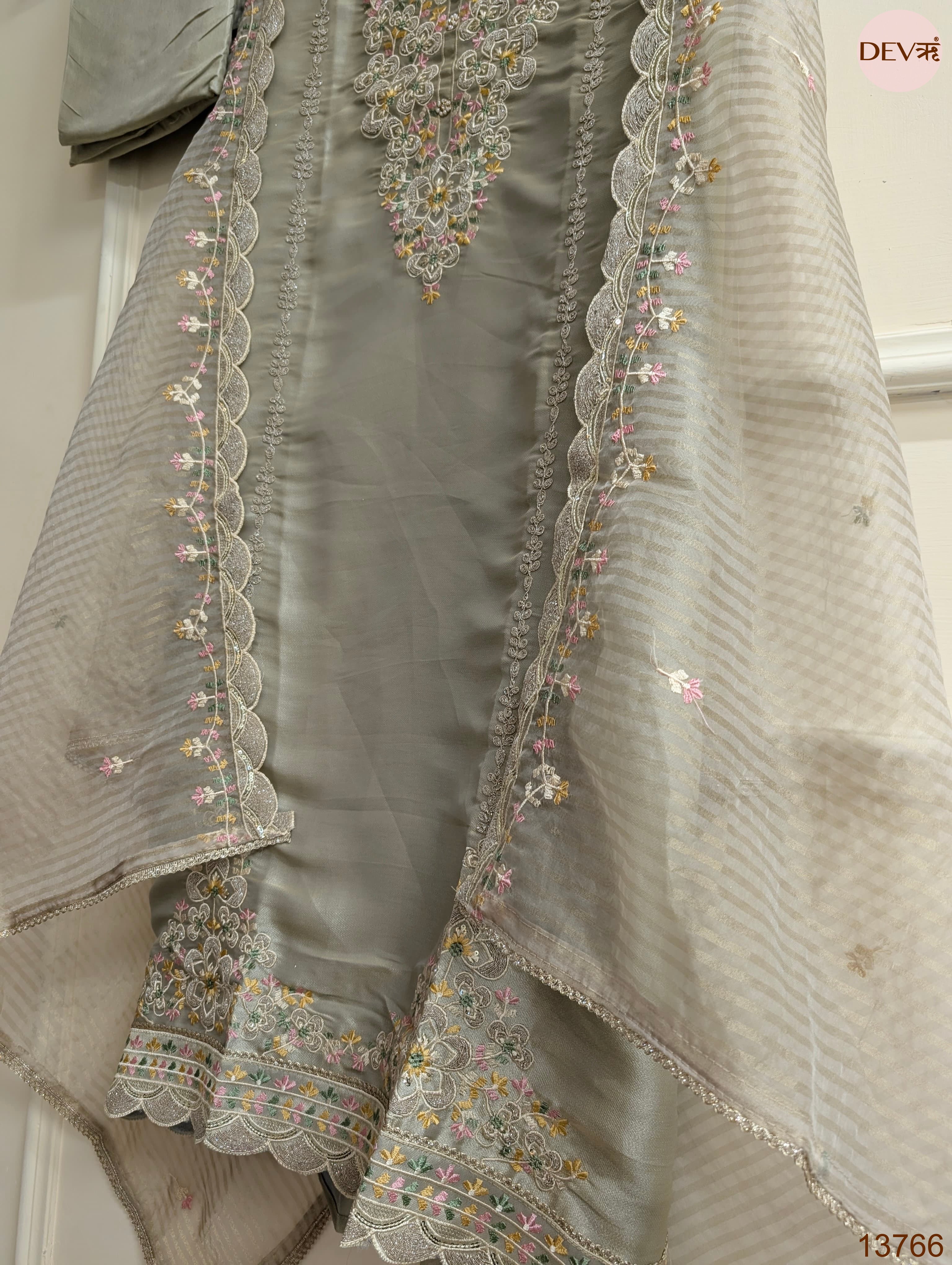 Grey Tissue Silk Embroidered Unstitched 3-Piece Suit (Devri – D.No 13766)
