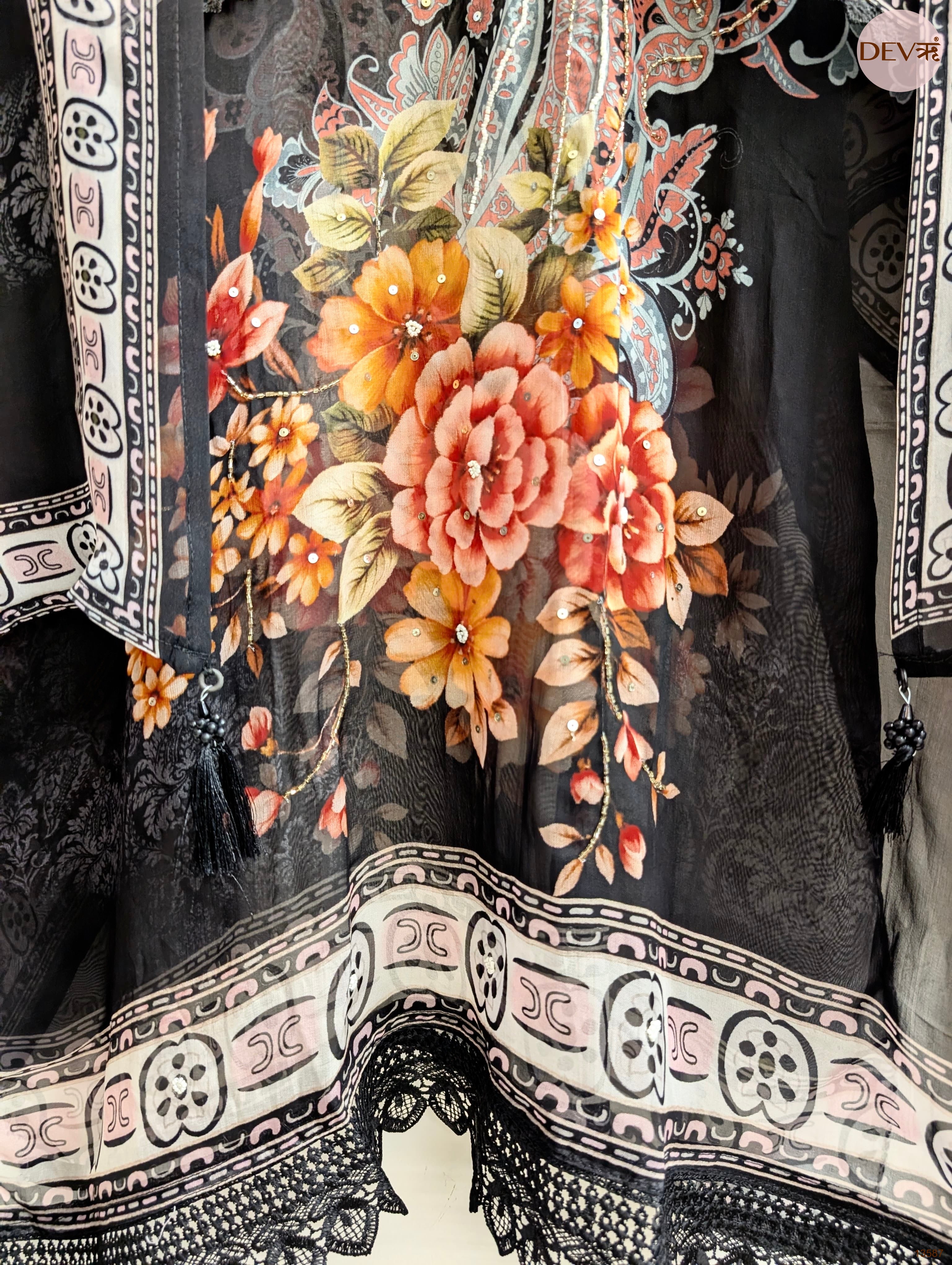 Black Organza Printed Unstitched 3-Piece Suit (Devri – D.No 13587)